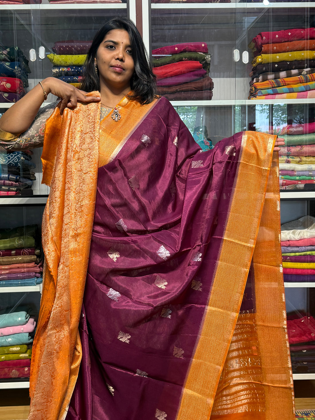 CHINON SILK SAREE WITH CHECKS BORDER: WINE