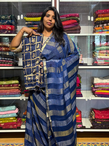 PURE CHIFFON SAREE WITH STRIPES PATTERN AND BANDINI GARCHOLA BLOUSE : GERMAN BLUE