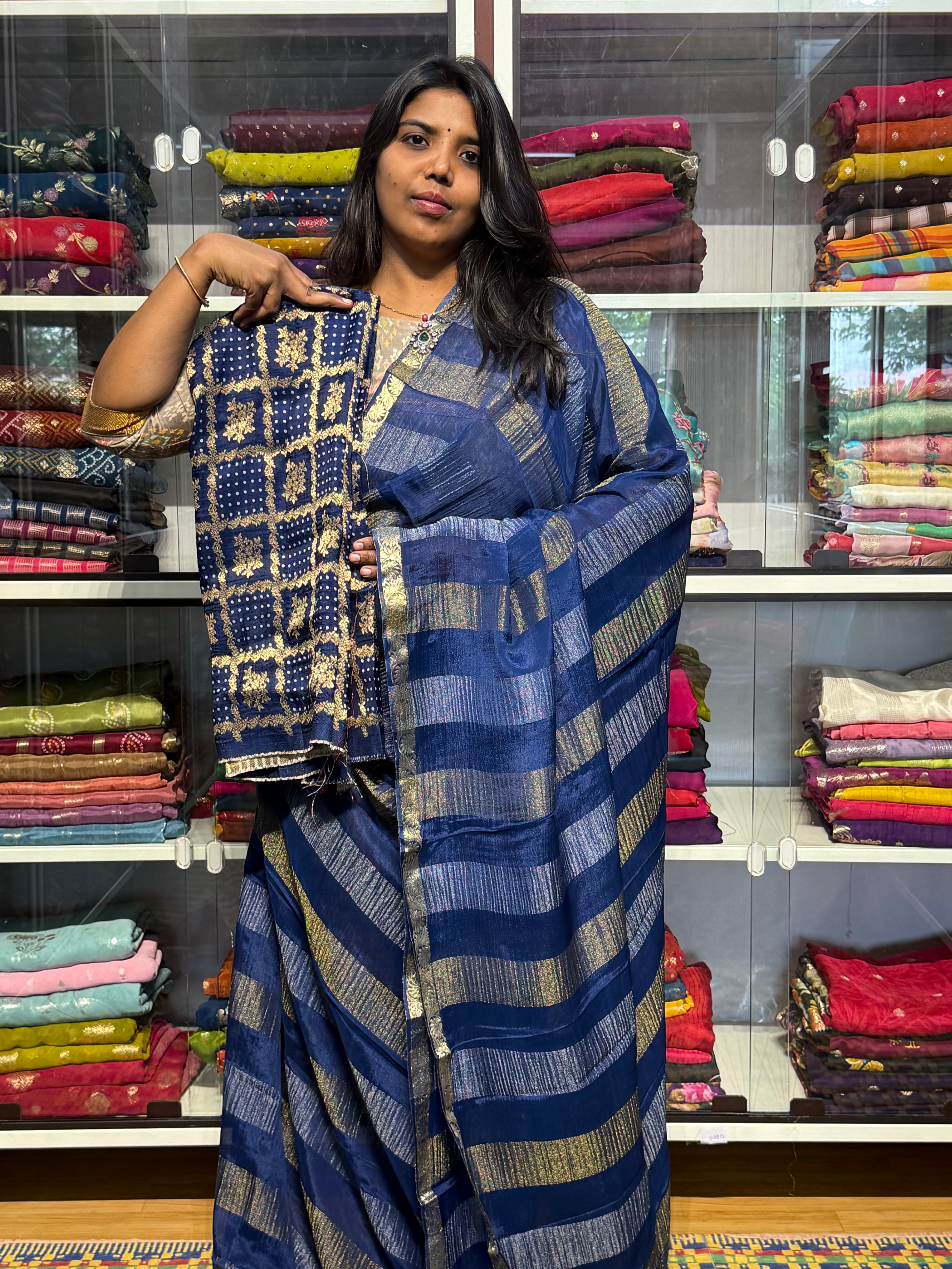 PURE CHIFFON SAREE WITH STRIPES PATTERN AND BANDINI GARCHOLA BLOUSE : GERMAN BLUE