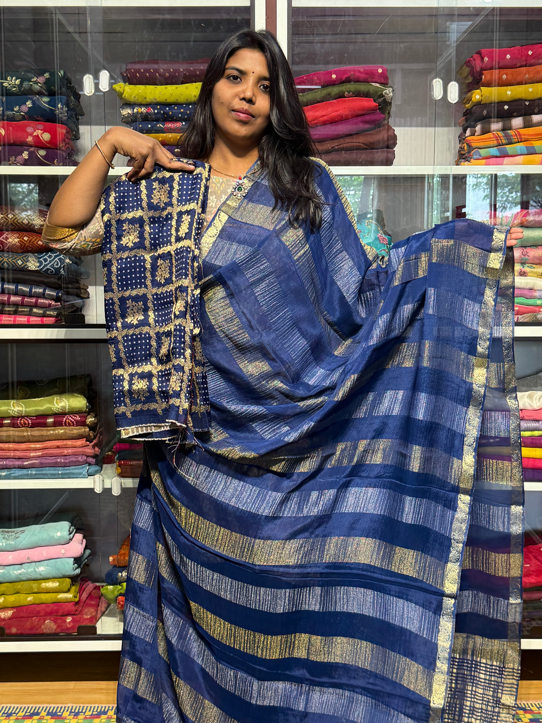 PURE CHIFFON SAREE WITH STRIPES PATTERN AND BANDINI GARCHOLA BLOUSE : GERMAN BLUE