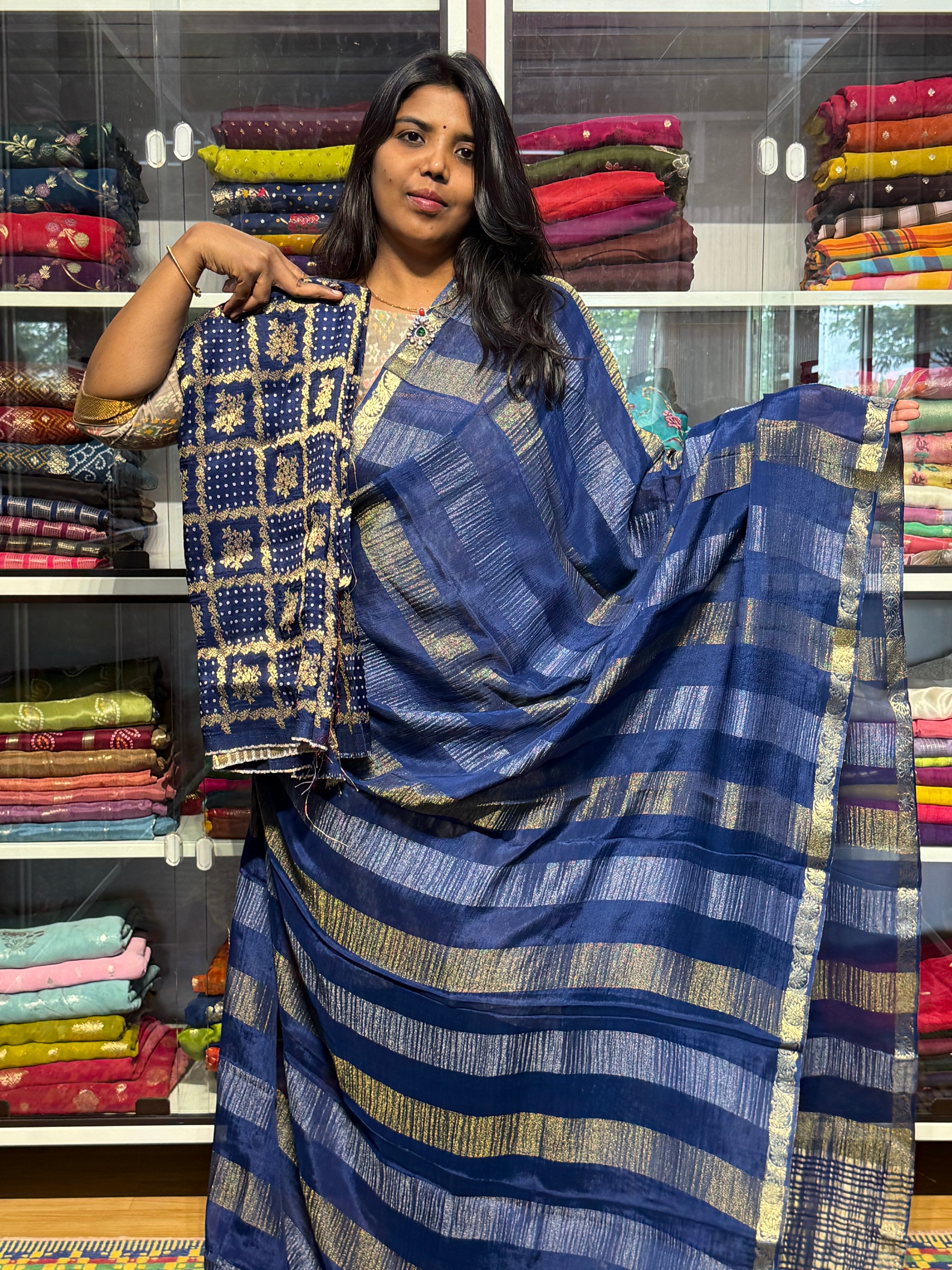 PURE CHIFFON SAREE WITH STRIPES PATTERN AND BANDINI GARCHOLA BLOUSE : GERMAN BLUE