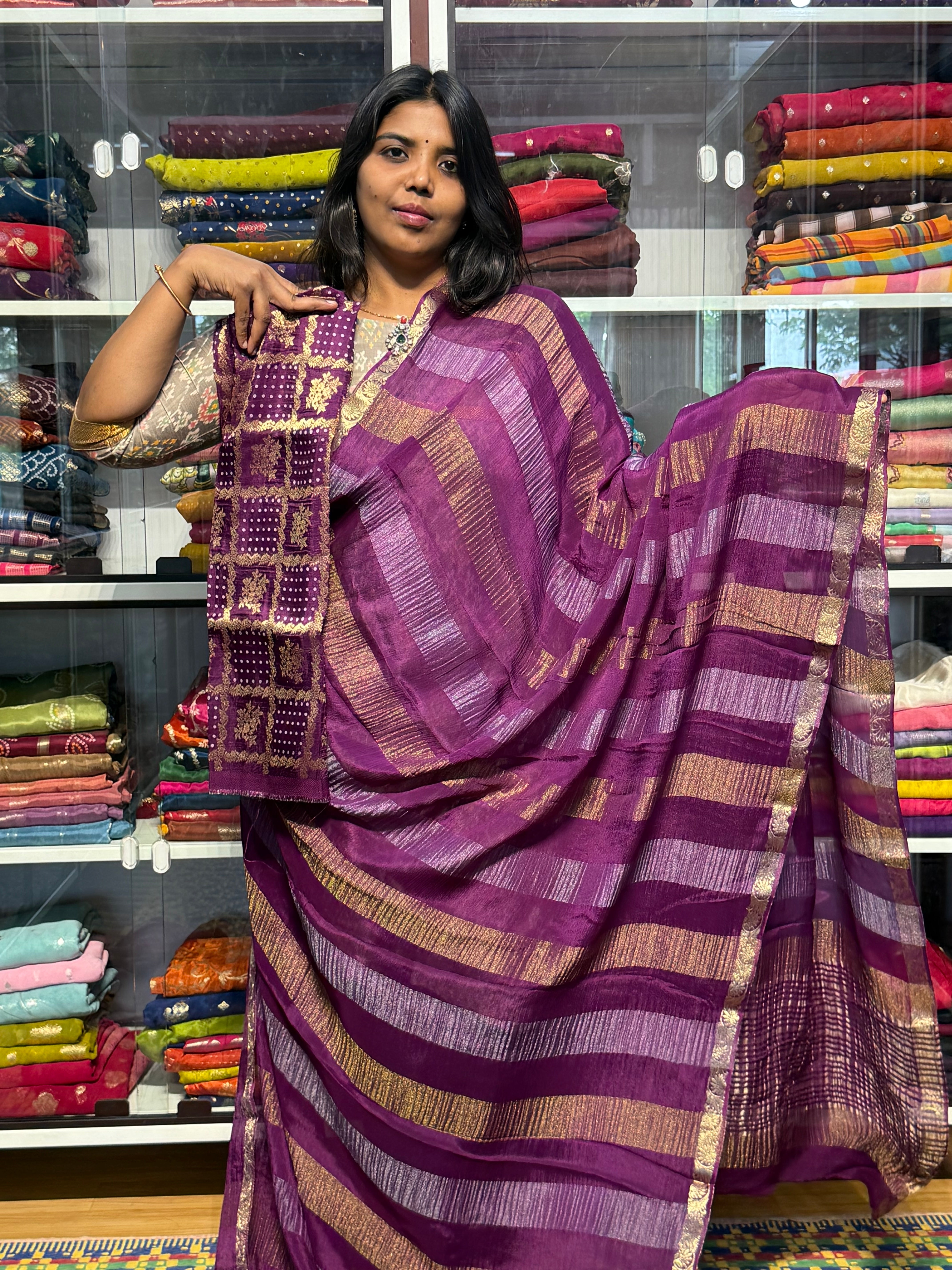 PURE CHIFFON SAREE WITH STRIPES PATTERN AND BANDINI GARCHOLA BLOUSE : PURPLE
