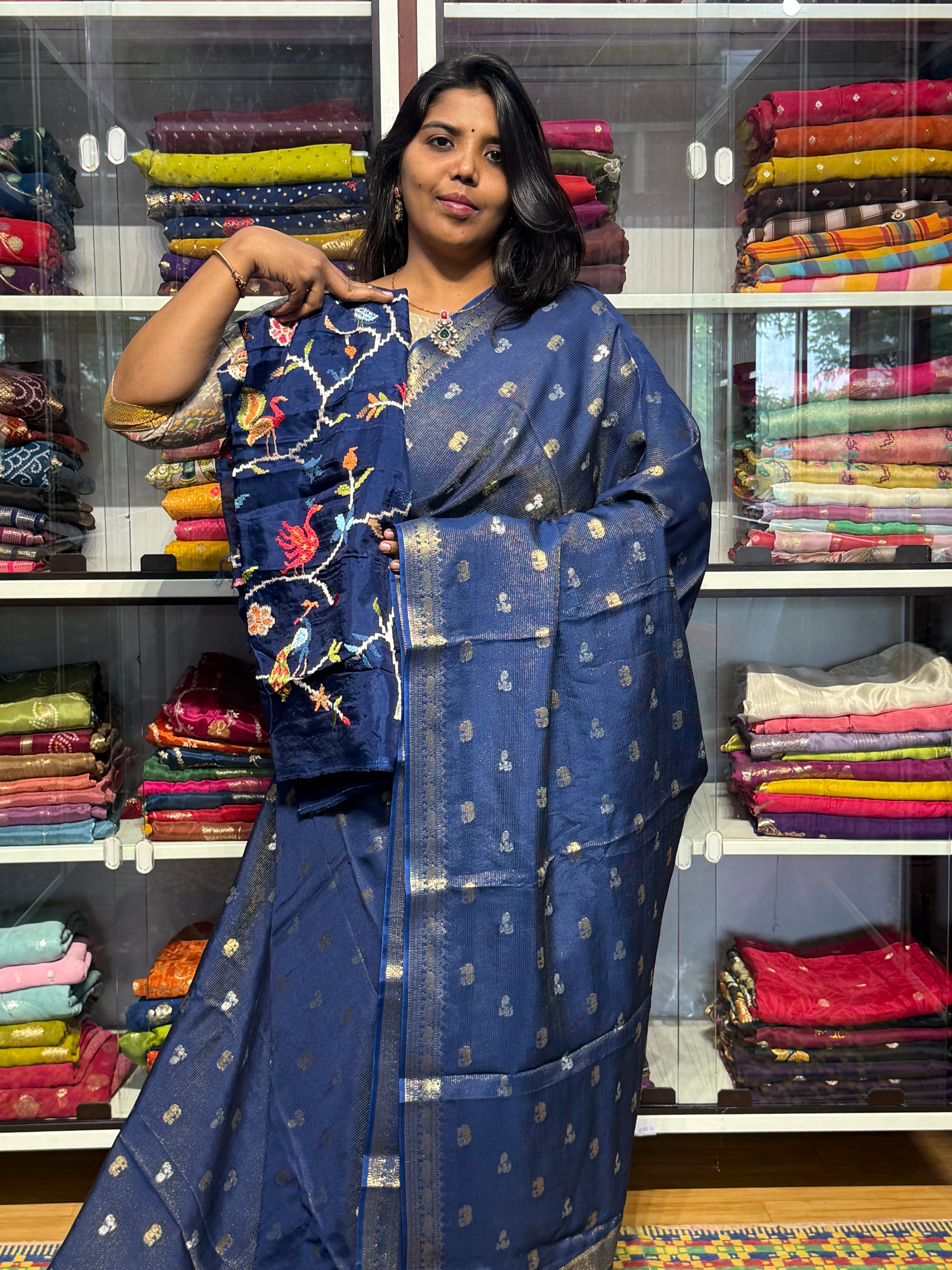 FUSION  CONCEPT WITH SMALL ZARI STRIPES AND HEAVY EMBROIDERY BLOUSE:GERMAN BLUE