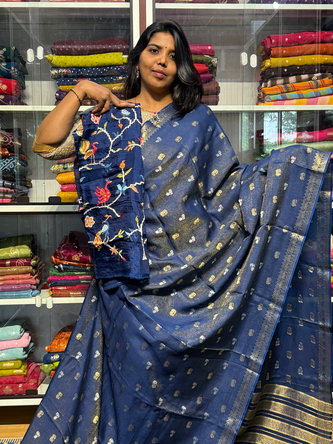 FUSION  CONCEPT WITH SMALL ZARI STRIPES AND HEAVY EMBROIDERY BLOUSE:GERMAN BLUE