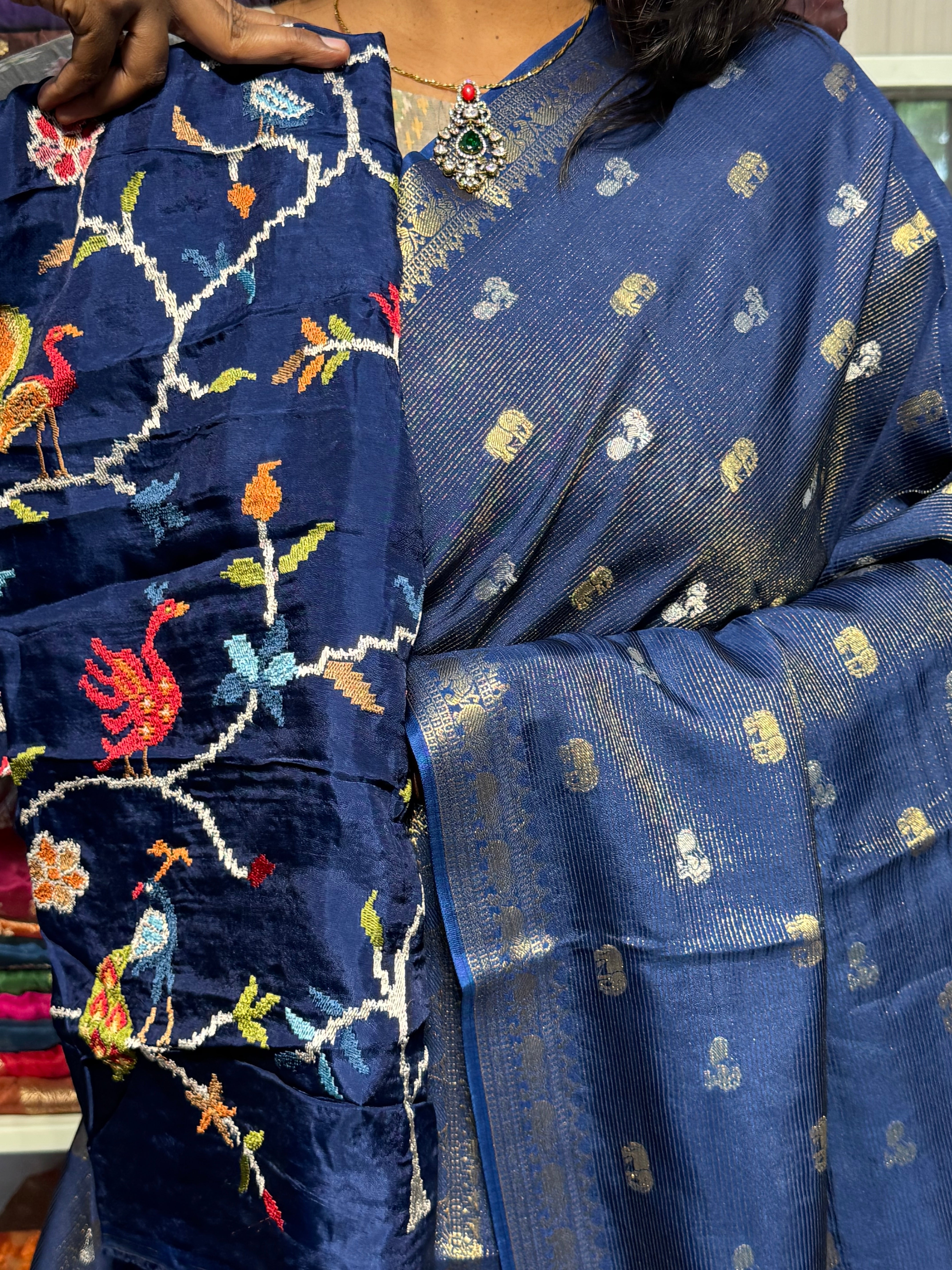 FUSION  CONCEPT WITH SMALL ZARI STRIPES AND HEAVY EMBROIDERY BLOUSE:GERMAN BLUE