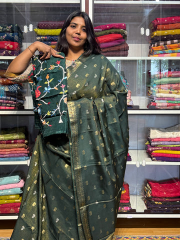FUSION  CONCEPT WITH SMALL ZARI STRIPES AND HEAVY EMBROIDERY BLOUSE: GREEN