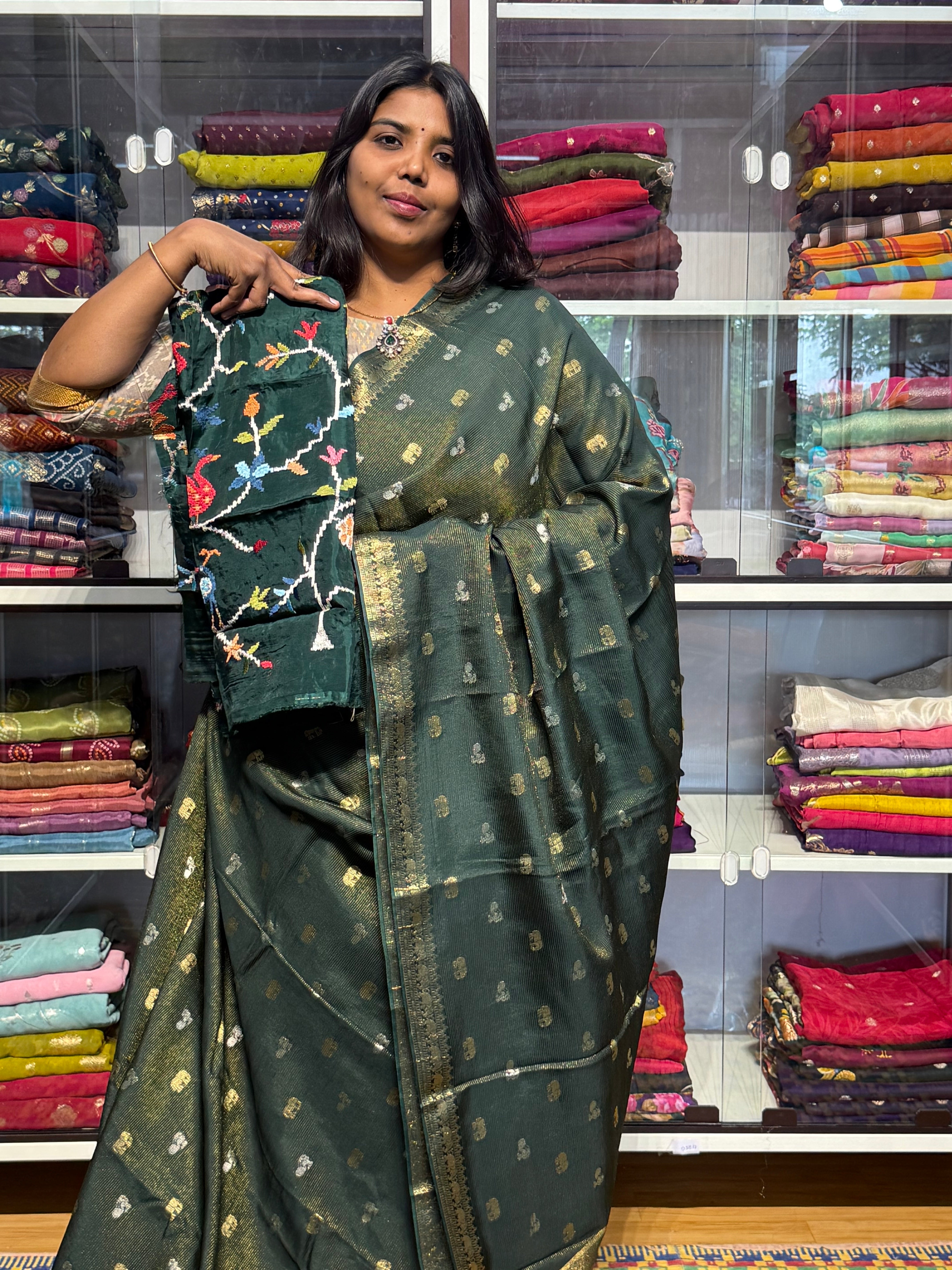 FUSION  CONCEPT WITH SMALL ZARI STRIPES AND HEAVY EMBROIDERY BLOUSE: GREEN