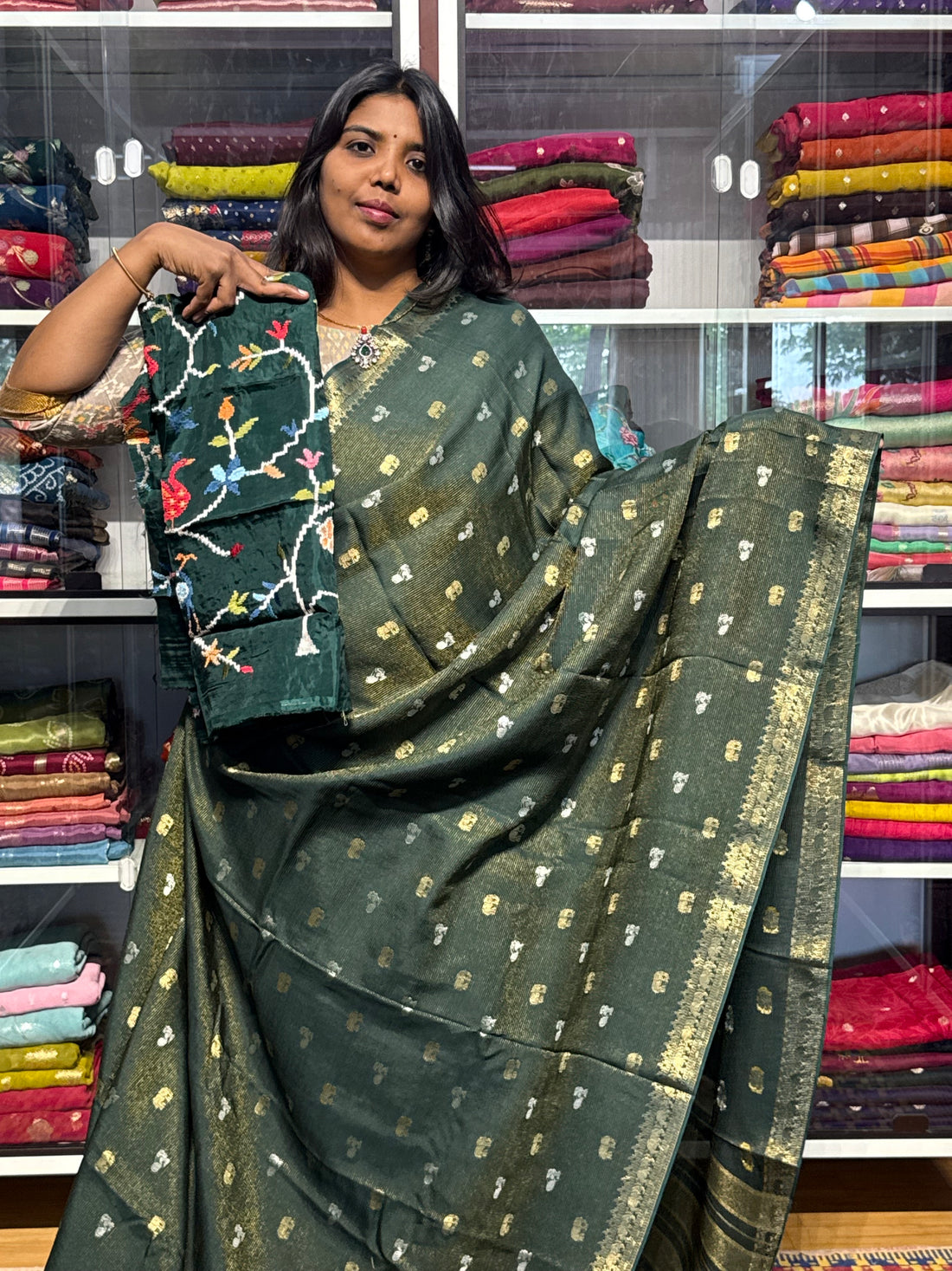 FUSION  CONCEPT WITH SMALL ZARI STRIPES AND HEAVY EMBROIDERY BLOUSE: GREEN