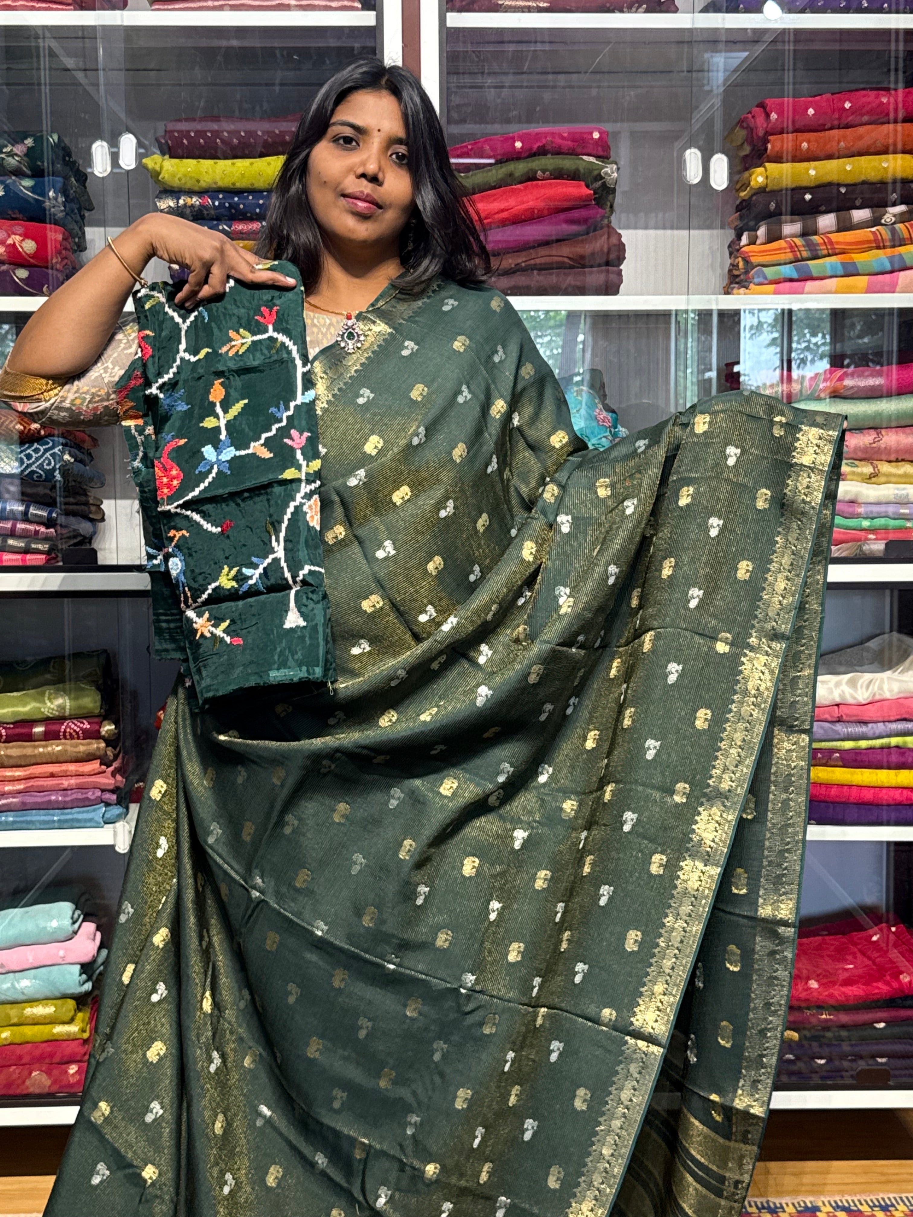 FUSION  CONCEPT WITH SMALL ZARI STRIPES AND HEAVY EMBROIDERY BLOUSE: GREEN