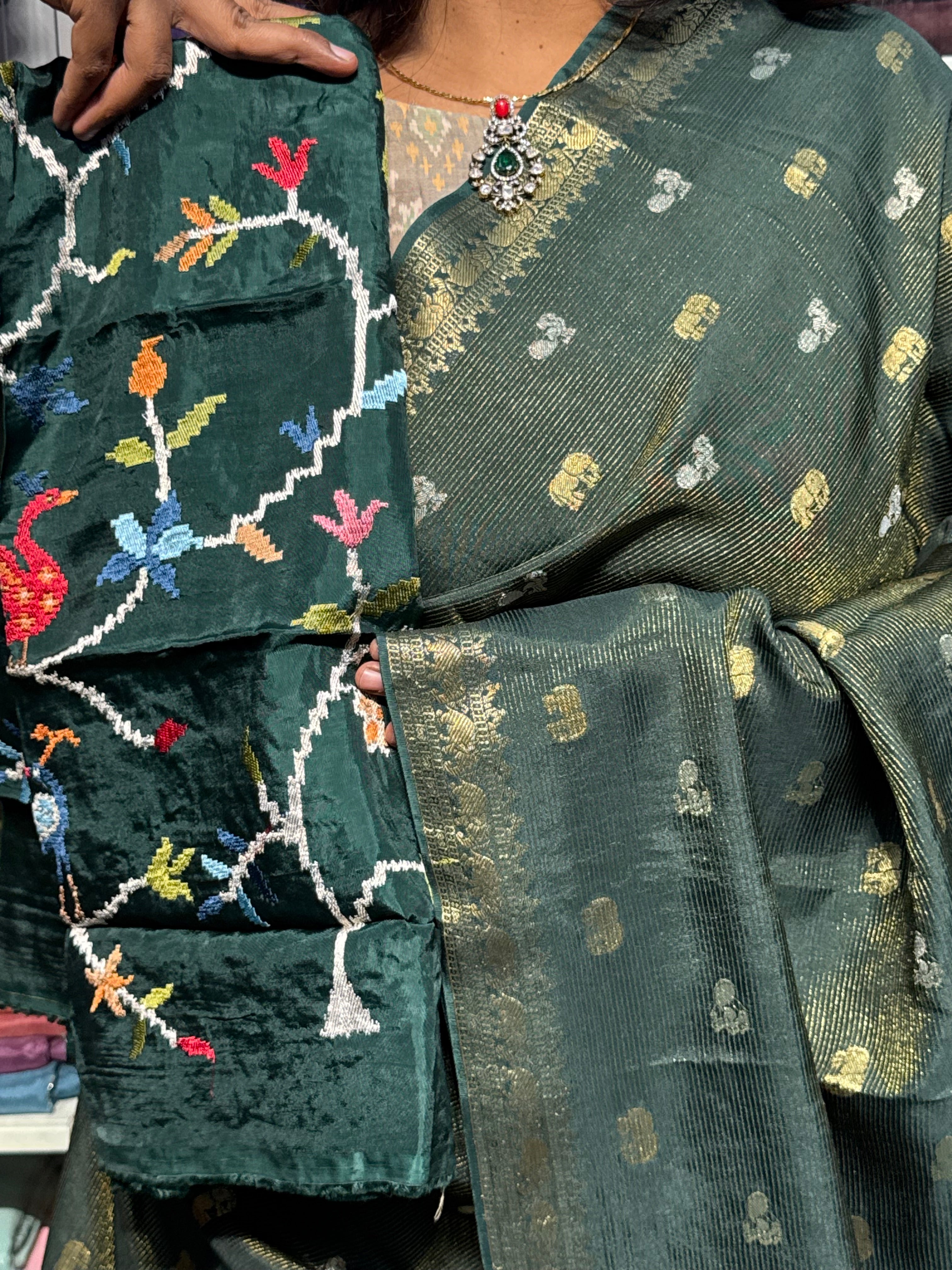 FUSION  CONCEPT WITH SMALL ZARI STRIPES AND HEAVY EMBROIDERY BLOUSE: GREEN