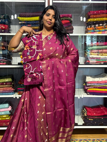 FUSION  CONCEPT WITH SMALL ZARI STRIPES AND HEAVY EMBROIDERY BLOUSE:  PURPLE