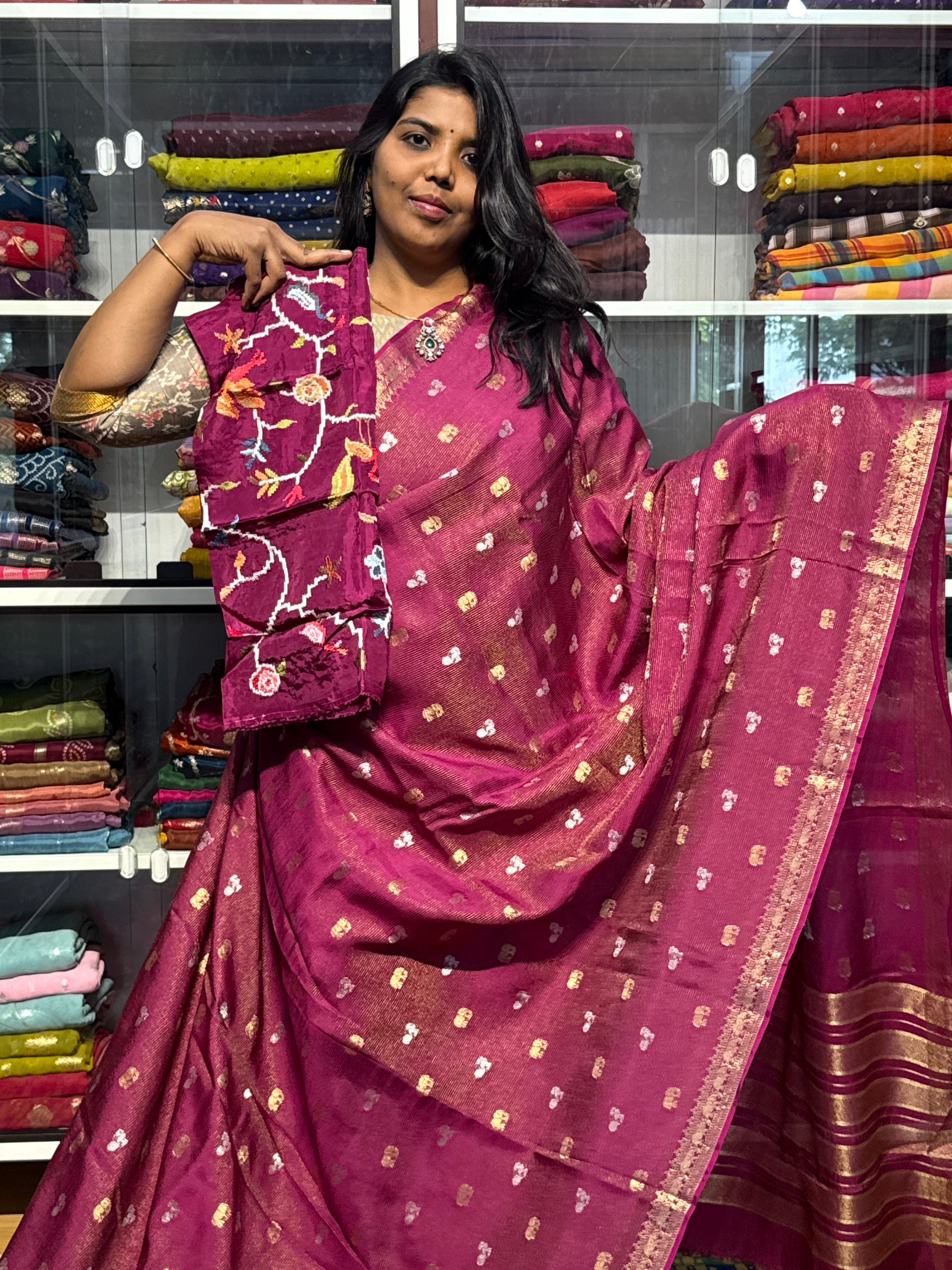 FUSION  CONCEPT WITH SMALL ZARI STRIPES AND HEAVY EMBROIDERY BLOUSE:  PURPLE