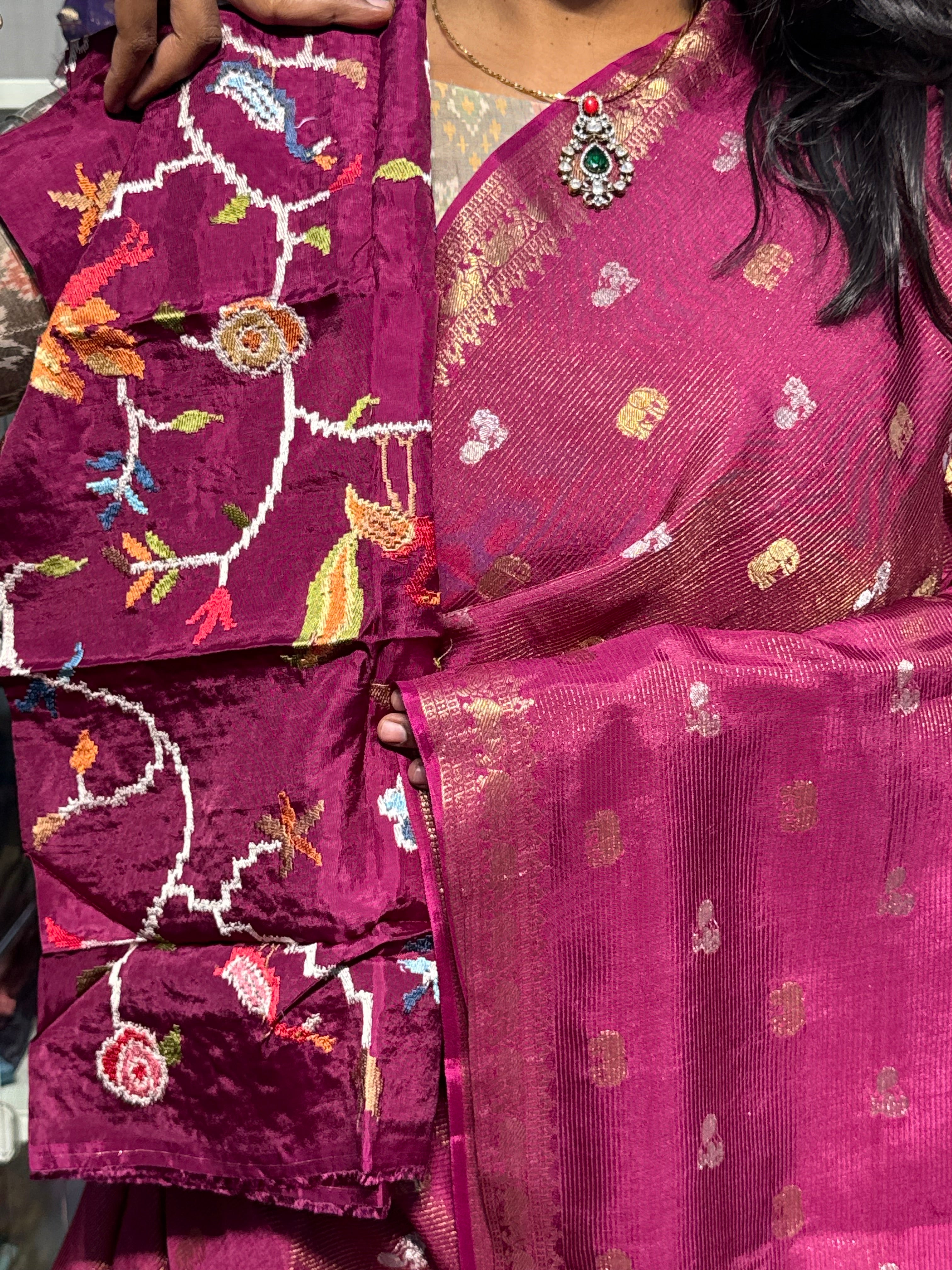 FUSION  CONCEPT WITH SMALL ZARI STRIPES AND HEAVY EMBROIDERY BLOUSE:  PURPLE