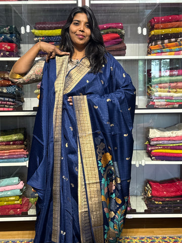 PURE MUNGA CREPE SILK WITH JAMDANI WEAVING PALLU AND SELF WEAVING CHECKS: GERMAN BLUE