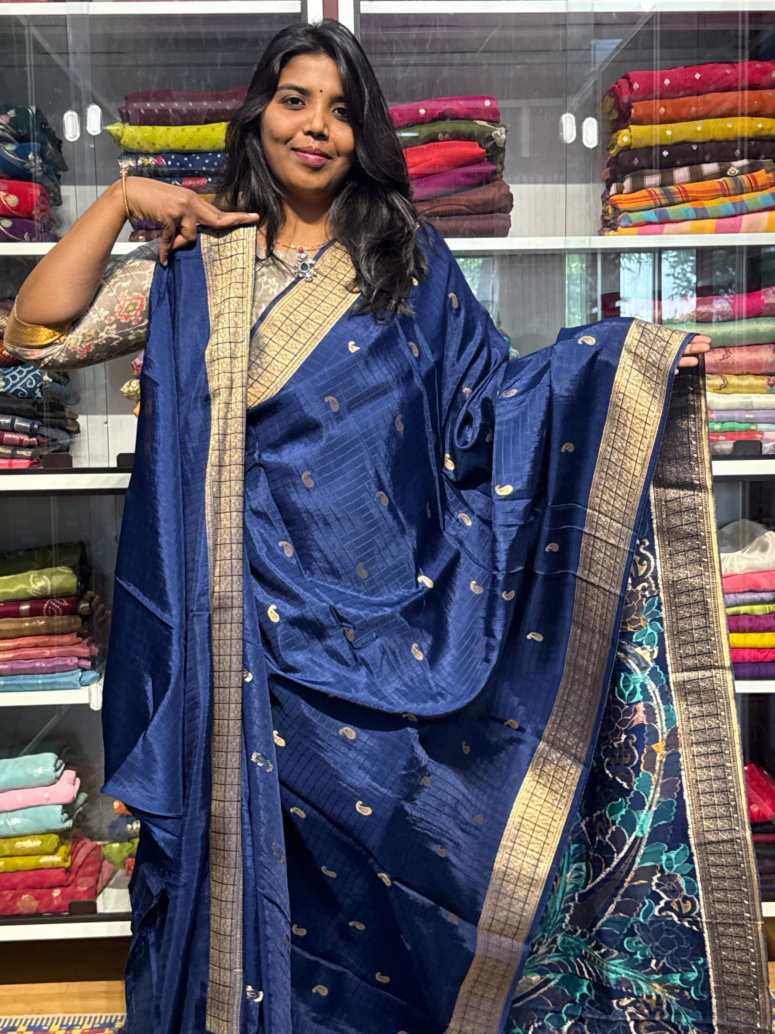 PURE MUNGA CREPE SILK WITH JAMDANI WEAVING PALLU AND SELF WEAVING CHECKS: GERMAN BLUE