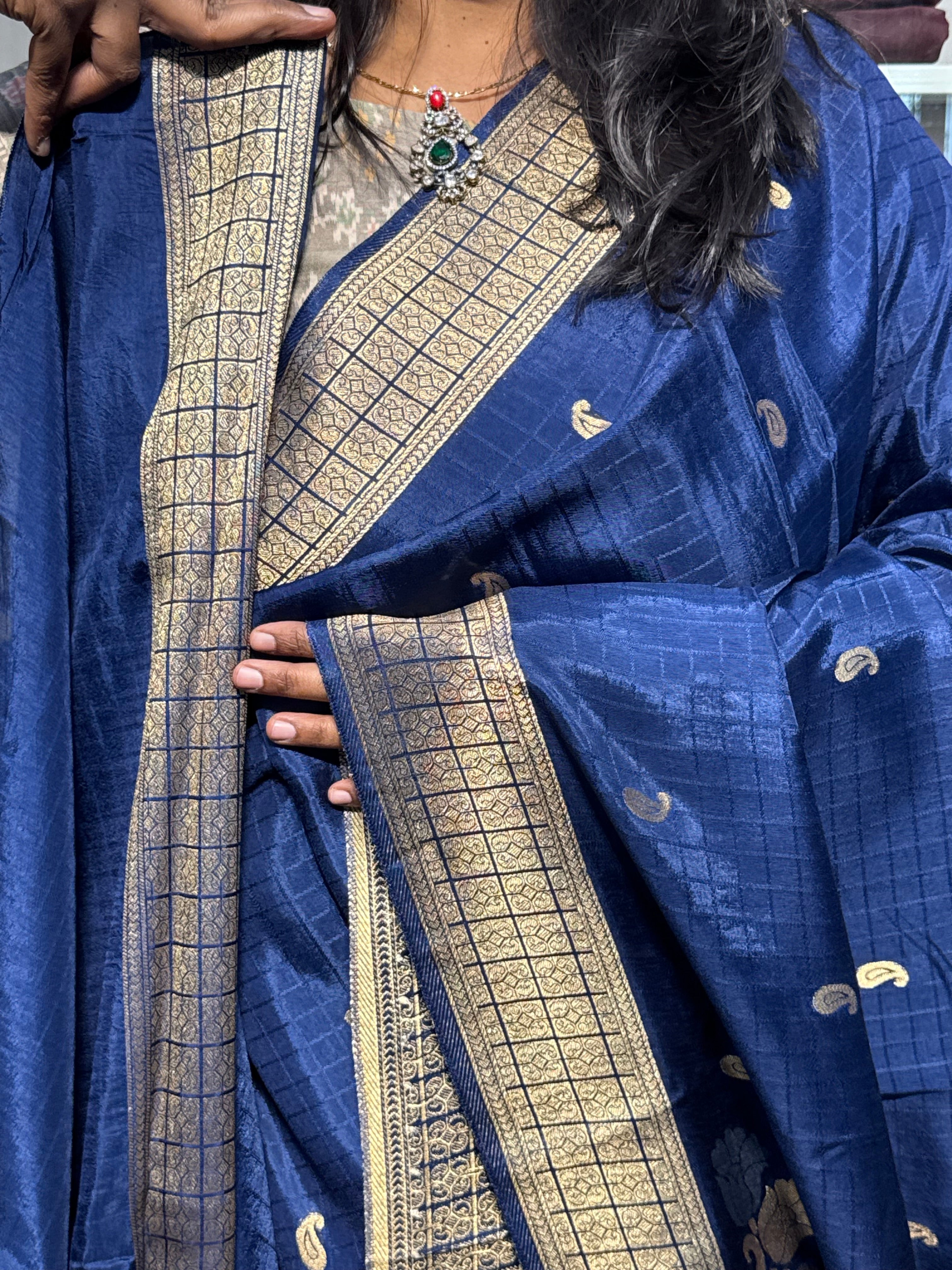 PURE MUNGA CREPE SILK WITH JAMDANI WEAVING PALLU AND SELF WEAVING CHECKS: GERMAN BLUE