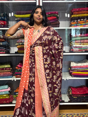 PURE KHADDI GEORGETTE WITH ALL OVER WEAVING AND BRUSH PAINTED: WINE WITH PEACH