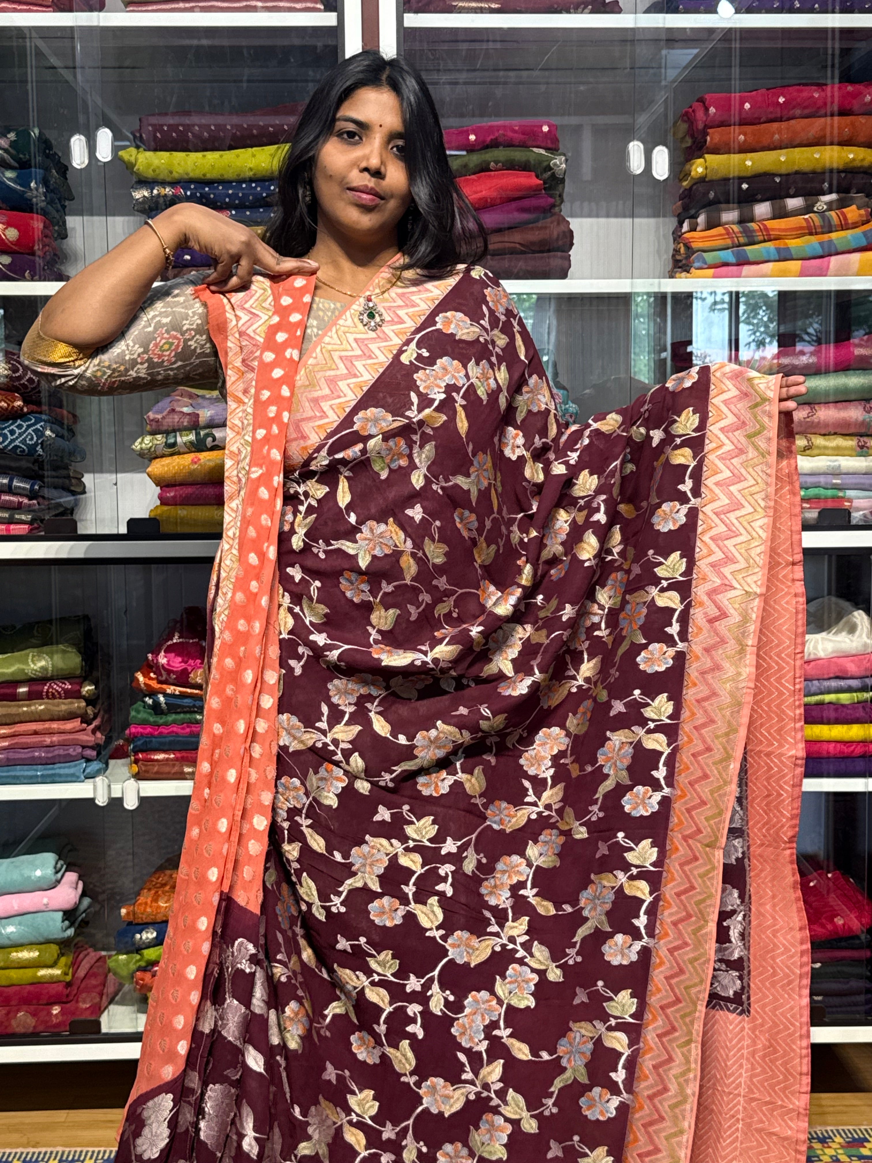 PURE KHADDI GEORGETTE WITH ALL OVER WEAVING AND BRUSH PAINTED: WINE WITH PEACH