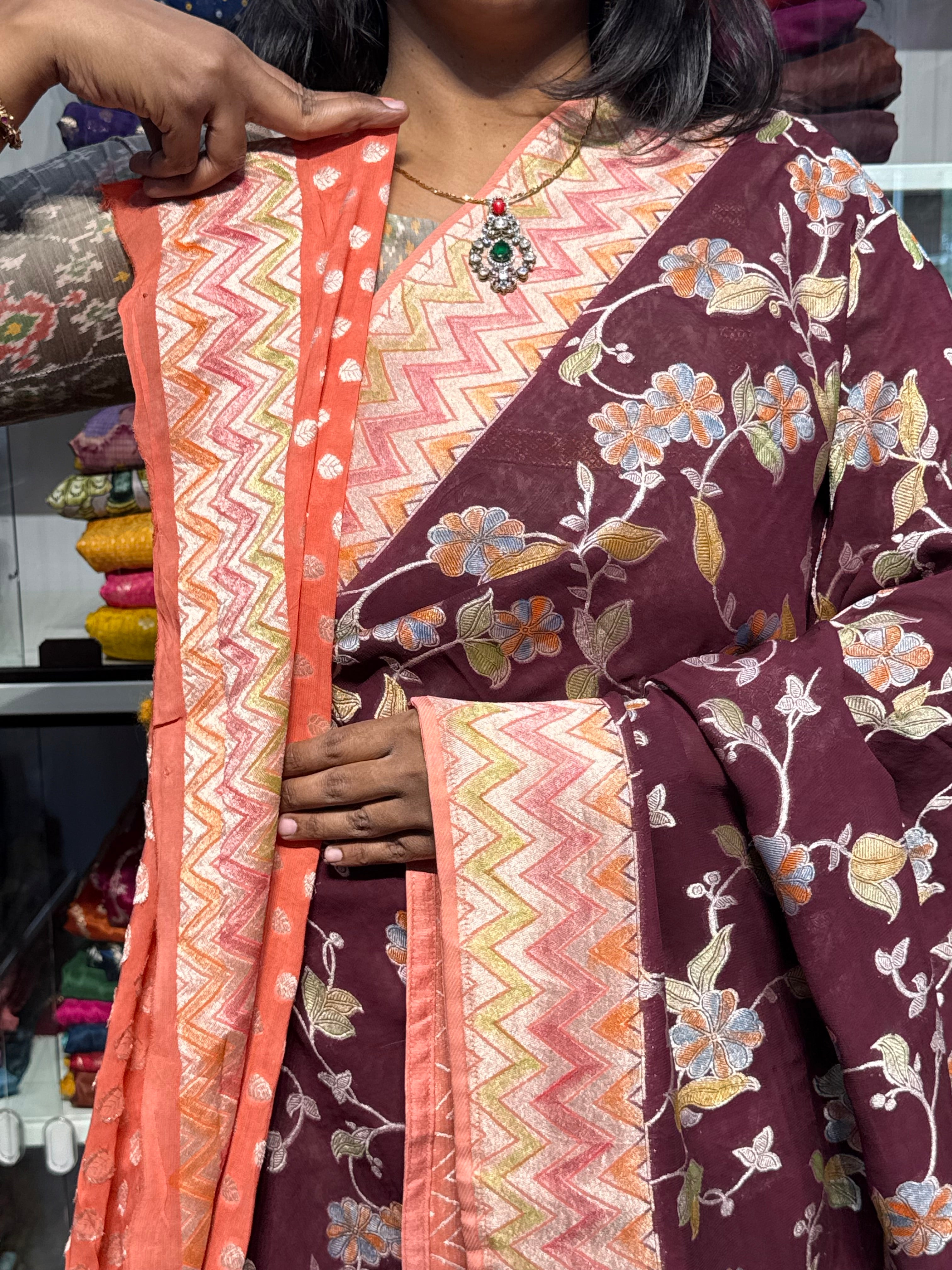 PURE KHADDI GEORGETTE WITH ALL OVER WEAVING AND BRUSH PAINTED: WINE WITH PEACH