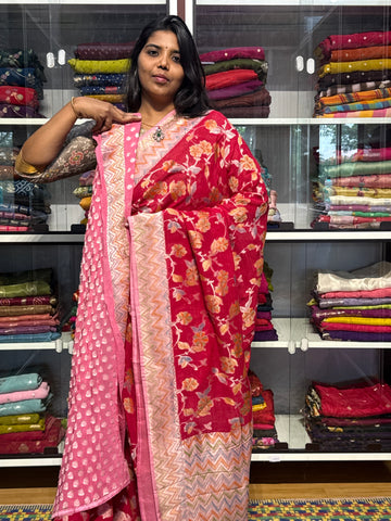 PURE KHADDI GEORGETTE WITH ALL OVER WEAVING AND BRUSH PAINTED: RANI PINK WITH BABY PINK