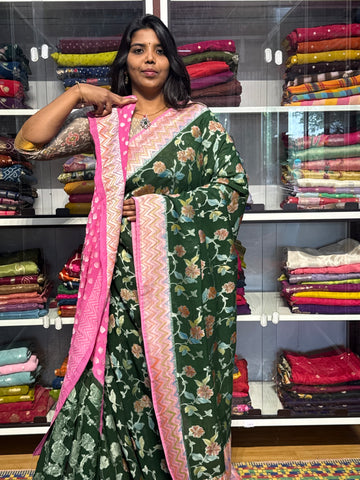 PURE KHADDI GEORGETTE WITH ALL OVER WEAVING AND BRUSH PAINTED: GREEN WITH PINK
