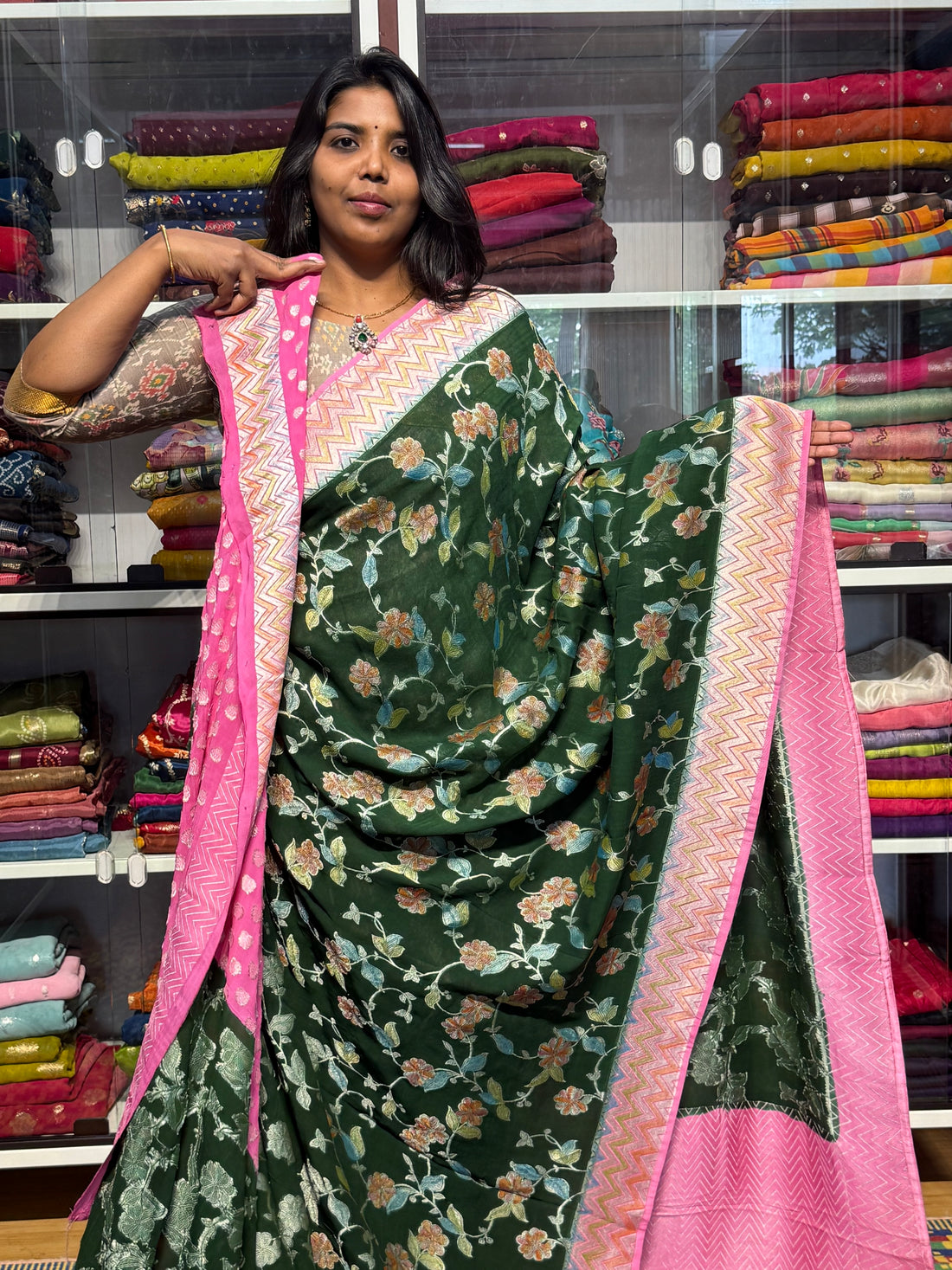 PURE KHADDI GEORGETTE WITH ALL OVER WEAVING AND BRUSH PAINTED: GREEN WITH PINK