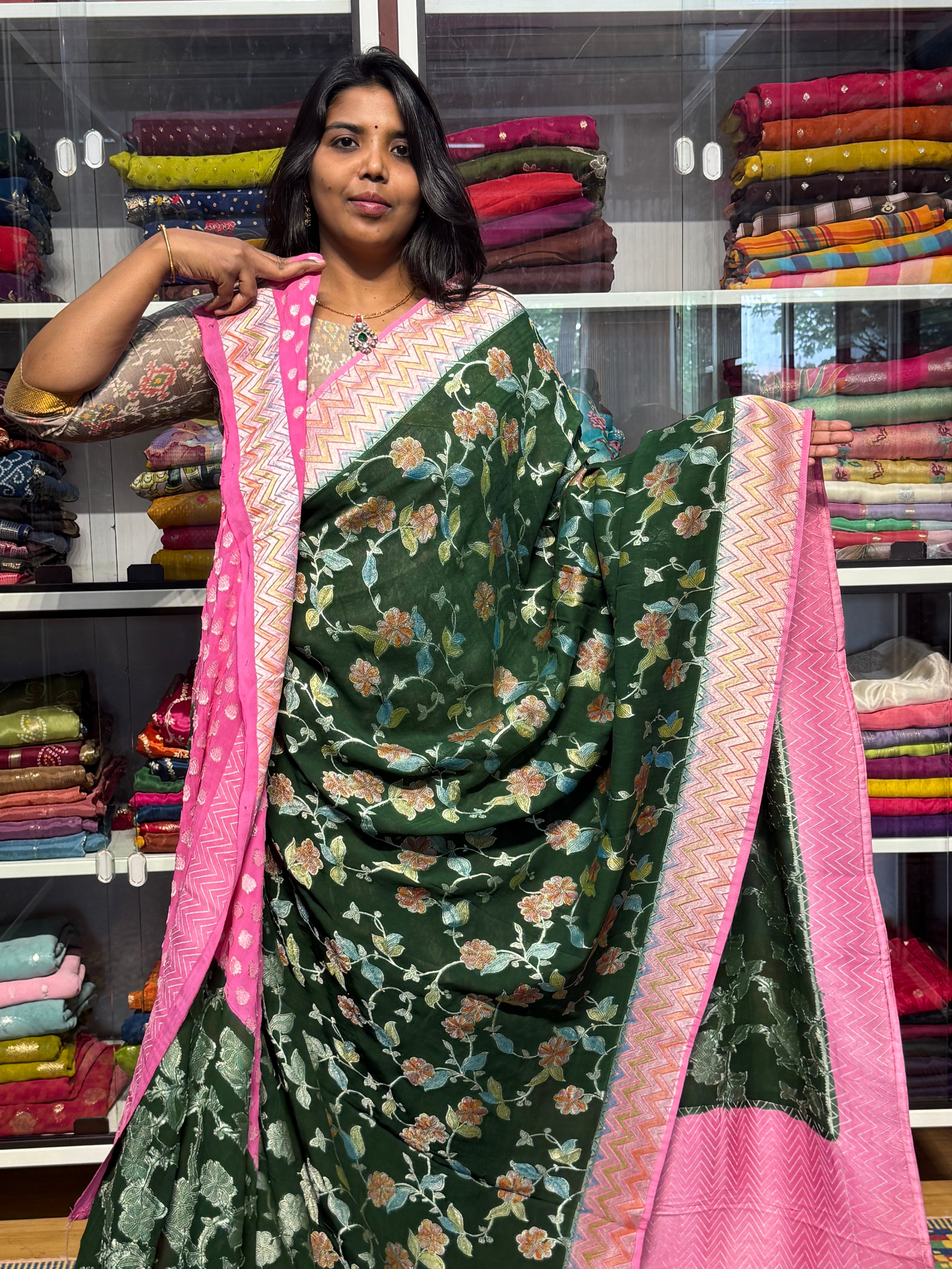 PURE KHADDI GEORGETTE WITH ALL OVER WEAVING AND BRUSH PAINTED: GREEN WITH PINK