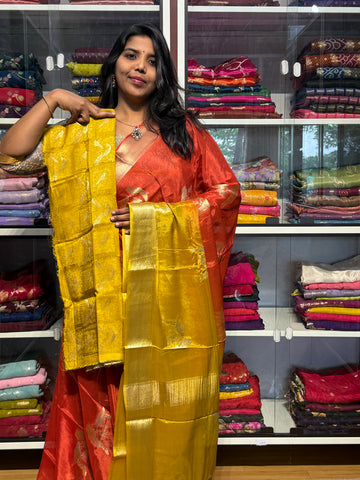 DUAL SHADED PURE CHIFFON SAREE: YELLOW AND ORANGE