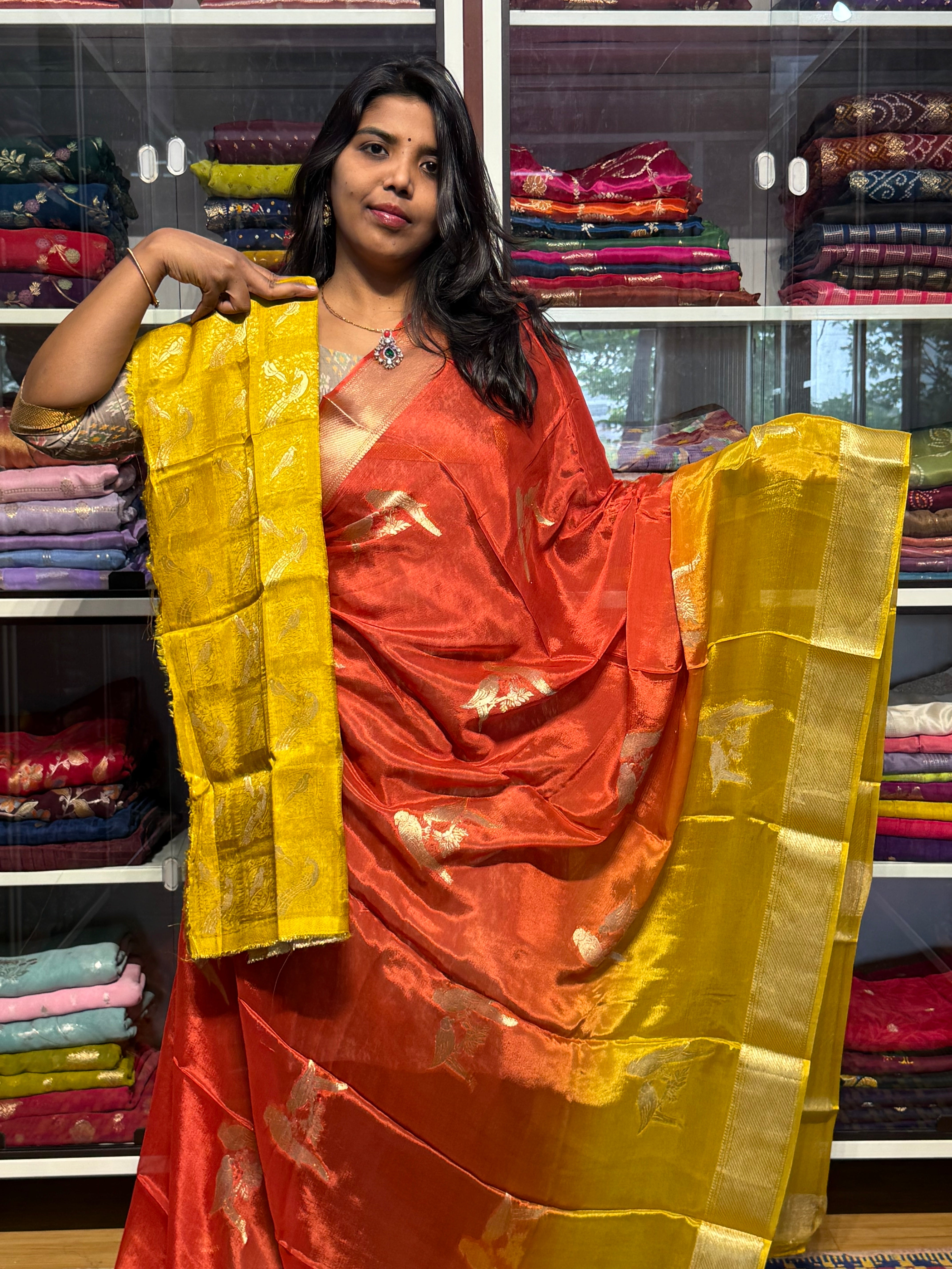 DUAL SHADED PURE CHIFFON SAREE: YELLOW AND ORANGE