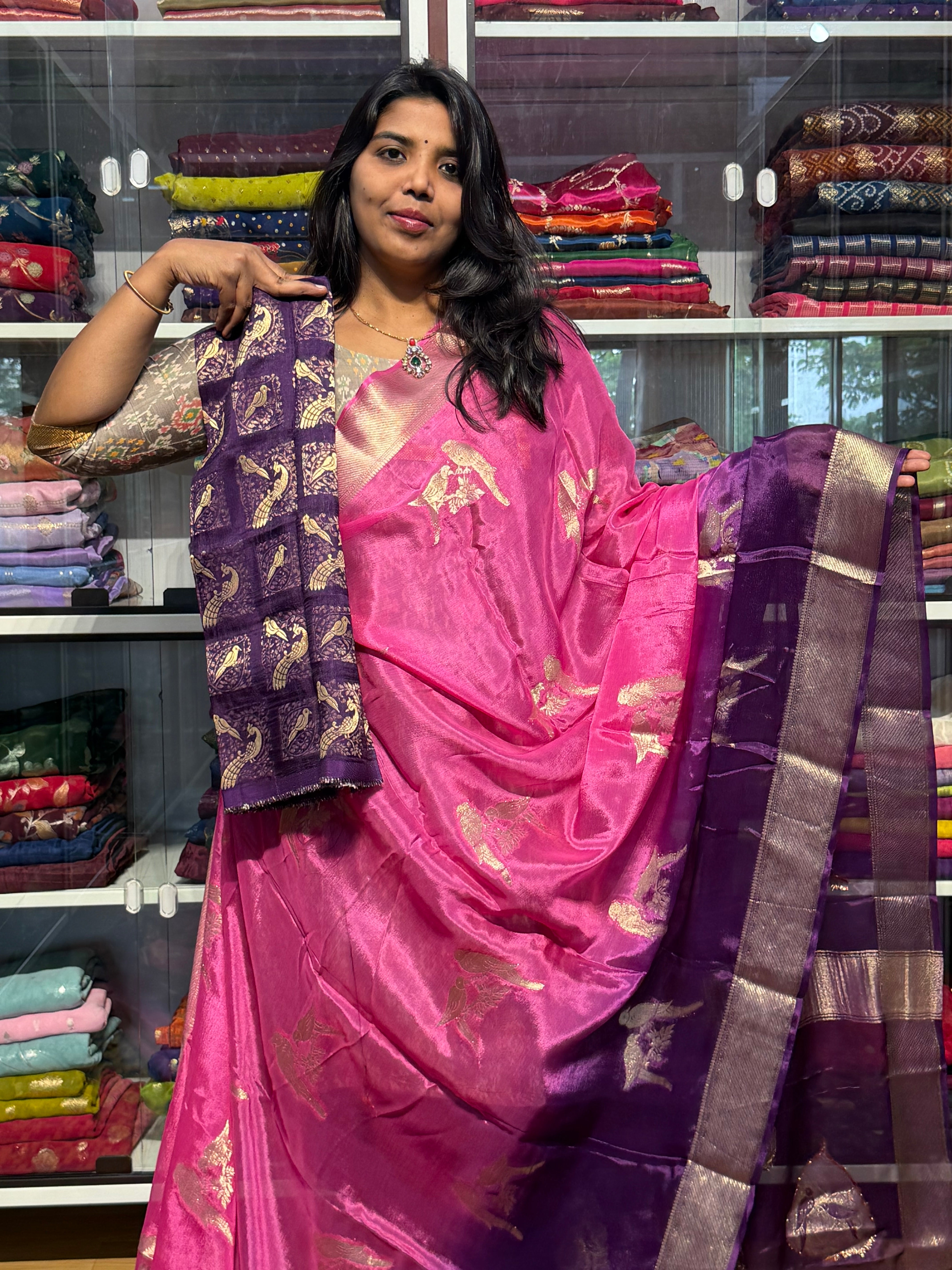 DUAL SHADED PURE CHIFFON SAREE: PINK AND VOILET