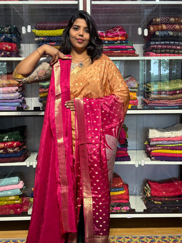 PURE CHINON SILK SAREE WITH 4D COLOR: PEACH AND PINK