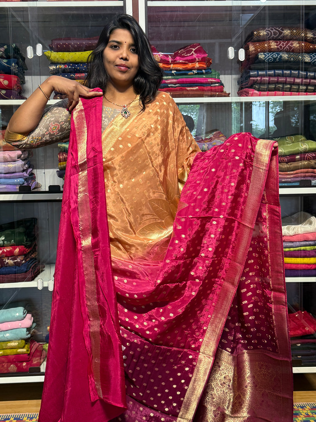 PURE CHINON SILK SAREE WITH 4D COLOR: PEACH AND PINK