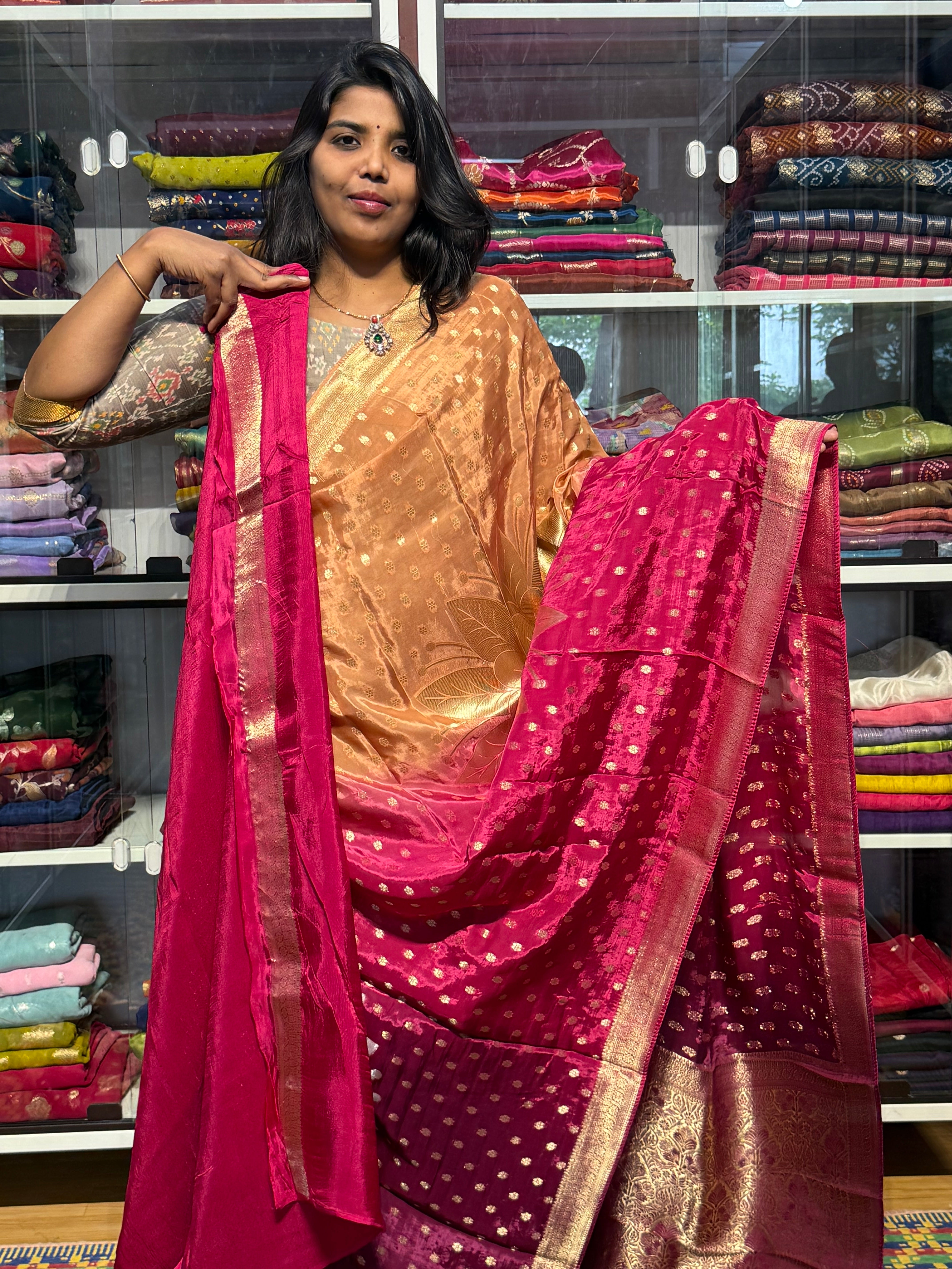 PURE CHINON SILK SAREE WITH 4D COLOR: PEACH AND PINK