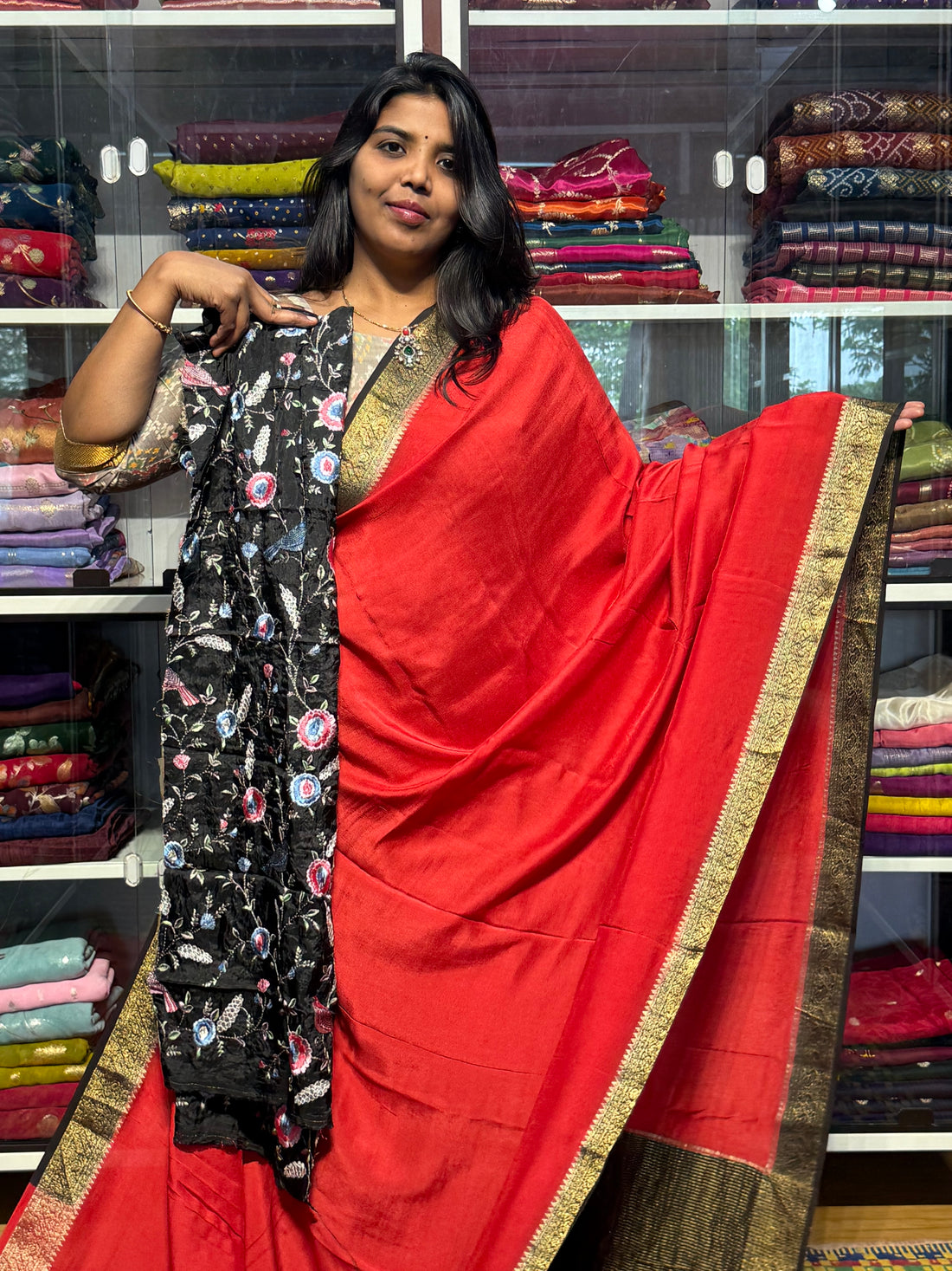 MYSORE CREPE SILK WITH HEAVY EMBROIDERY BLOUSE: RED AND BALCK