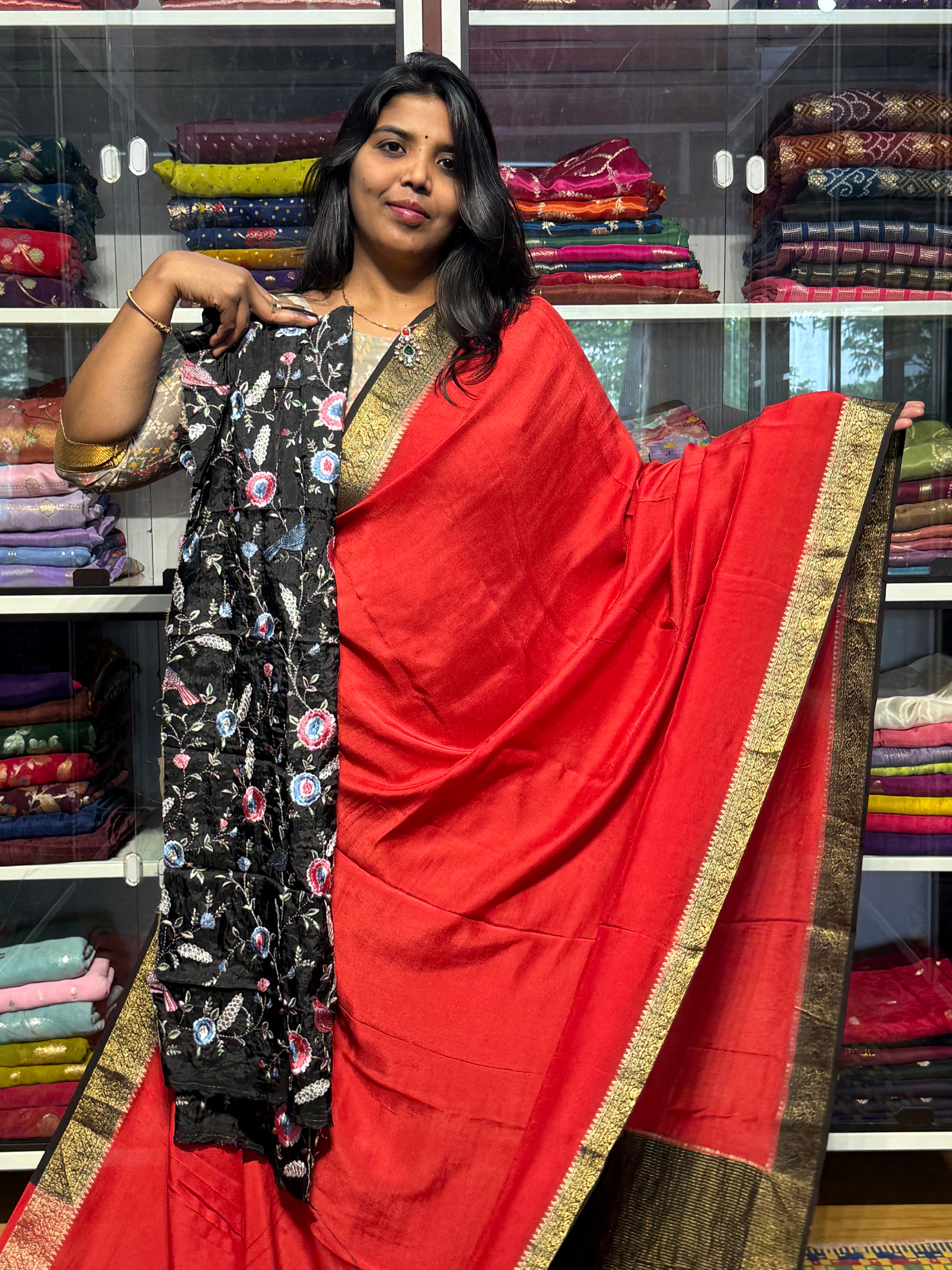 MYSORE CREPE SILK WITH HEAVY EMBROIDERY BLOUSE: RED AND BALCK