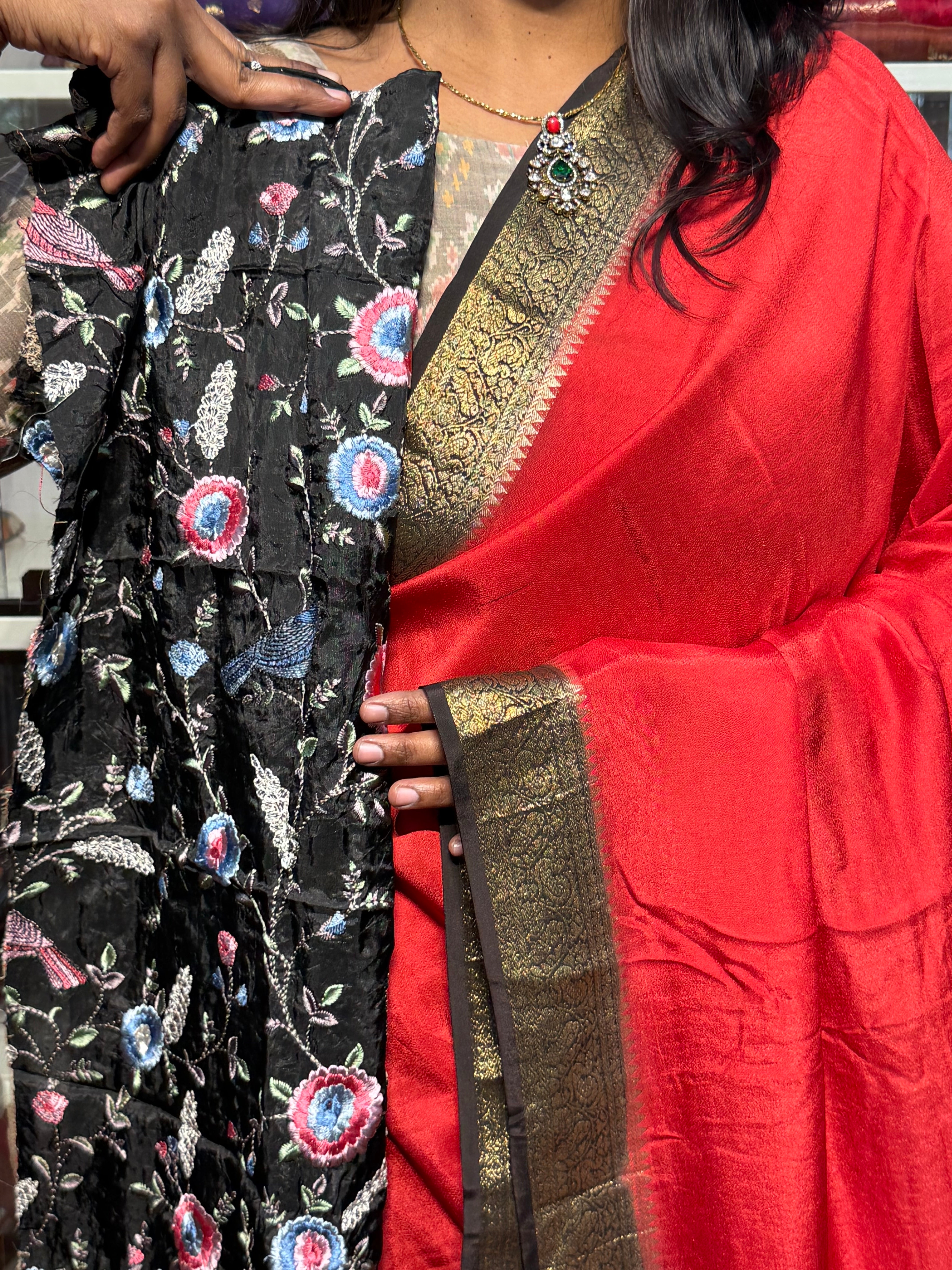 MYSORE CREPE SILK WITH HEAVY EMBROIDERY BLOUSE: RED AND BALCK