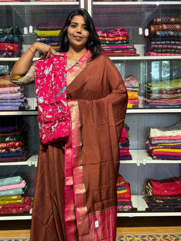 MYSORE CREPE SILK WITH HEAVY EMBROIDERY BLOUSE: BROWN AND PINK