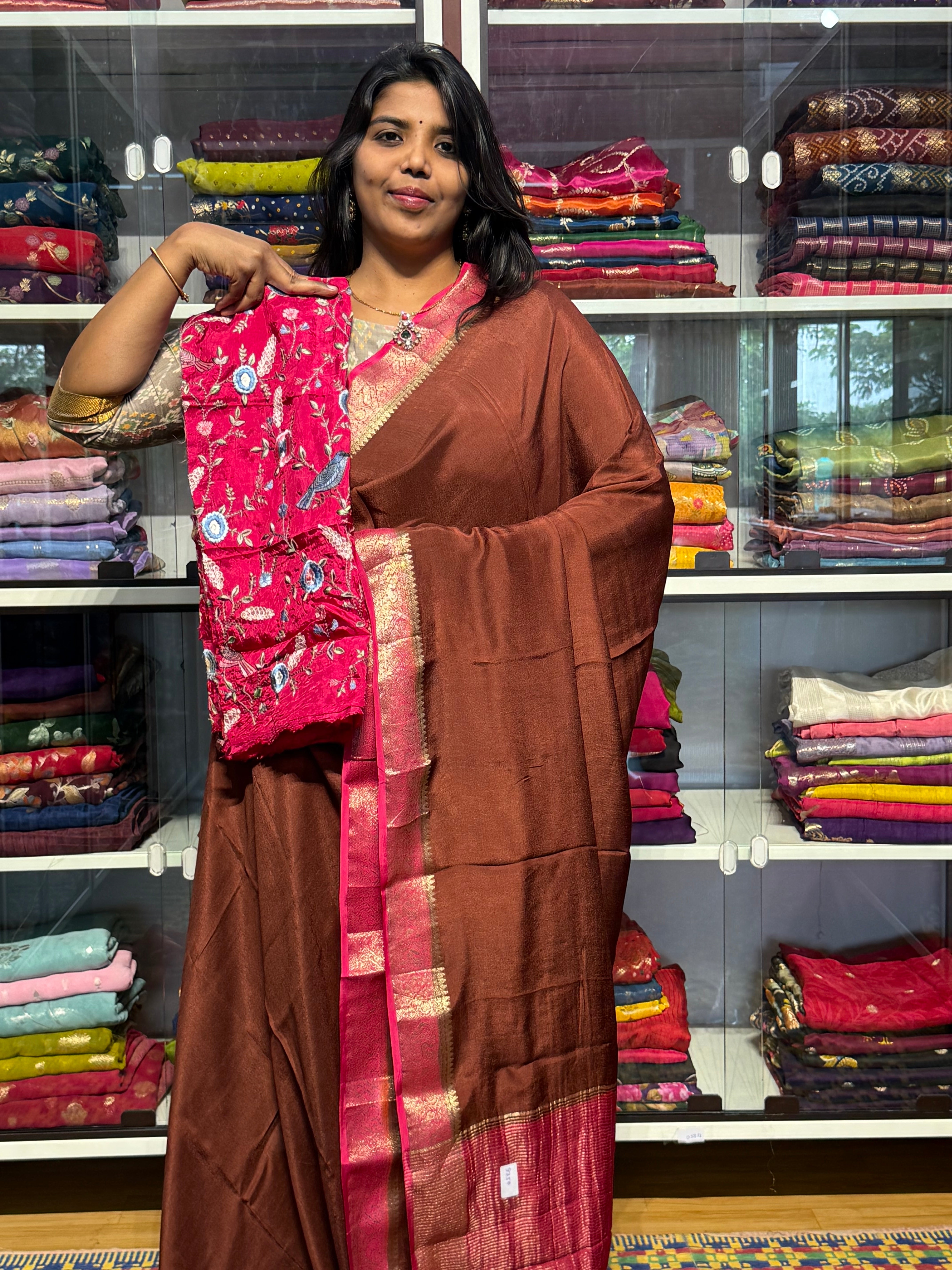 MYSORE CREPE SILK WITH HEAVY EMBROIDERY BLOUSE: BROWN AND PINK