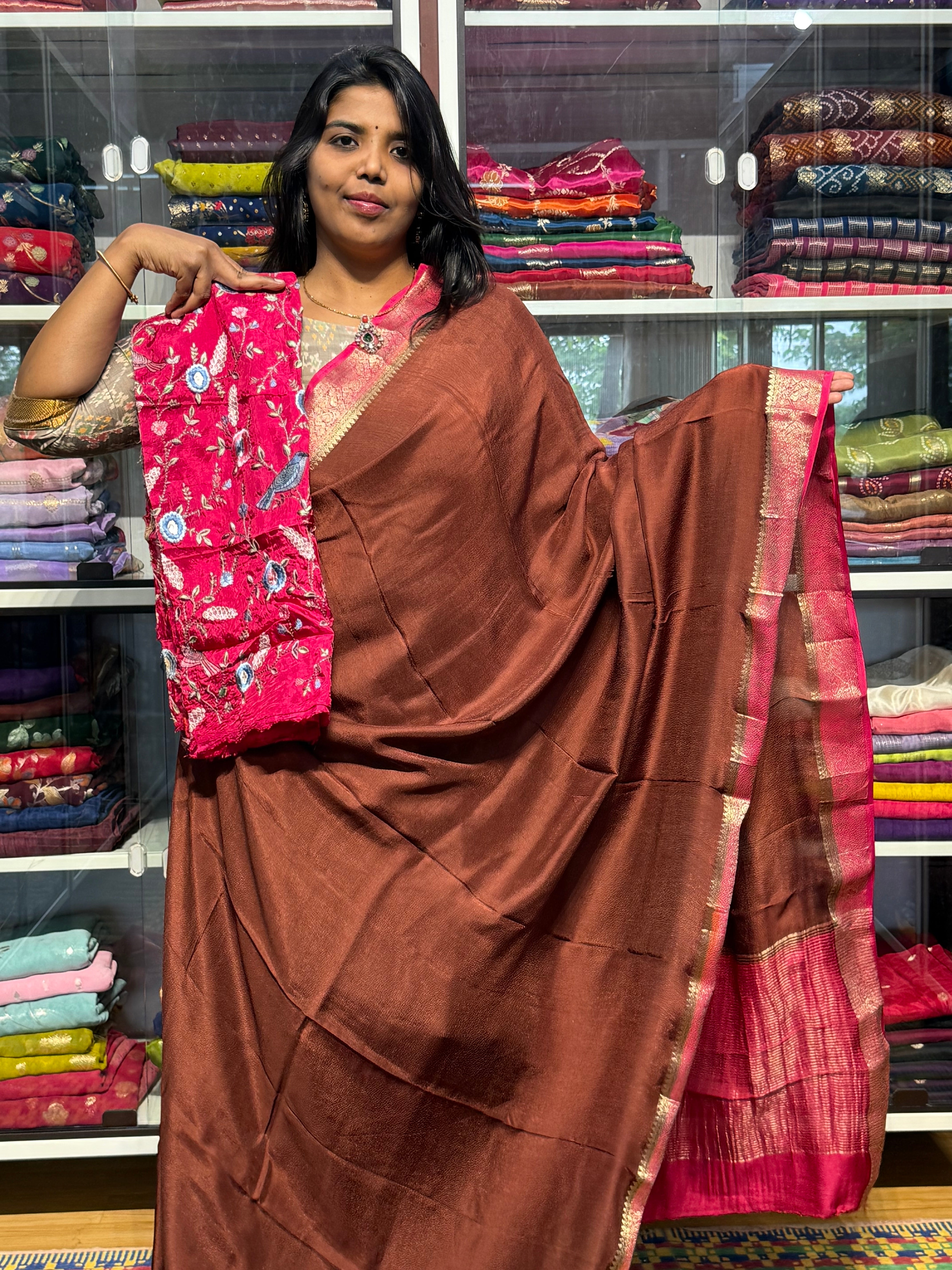 MYSORE CREPE SILK WITH HEAVY EMBROIDERY BLOUSE: BROWN AND PINK