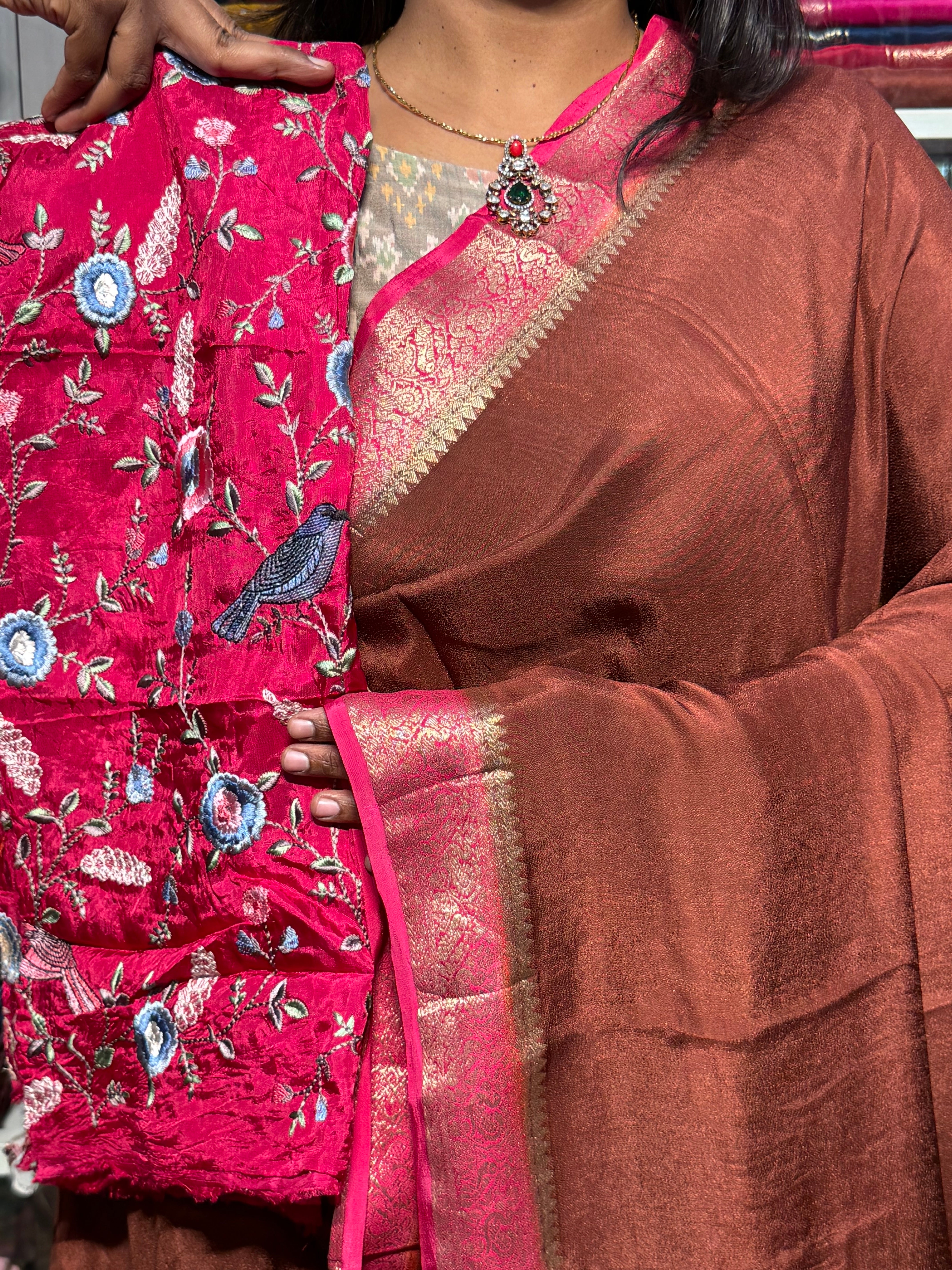 MYSORE CREPE SILK WITH HEAVY EMBROIDERY BLOUSE: BROWN AND PINK