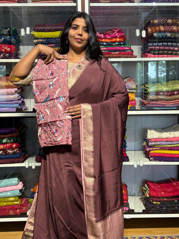 MYSORE CREPE SILK WITH HEAVY EMBROIDERY BLOUSE: BROWN AND ONION PINK