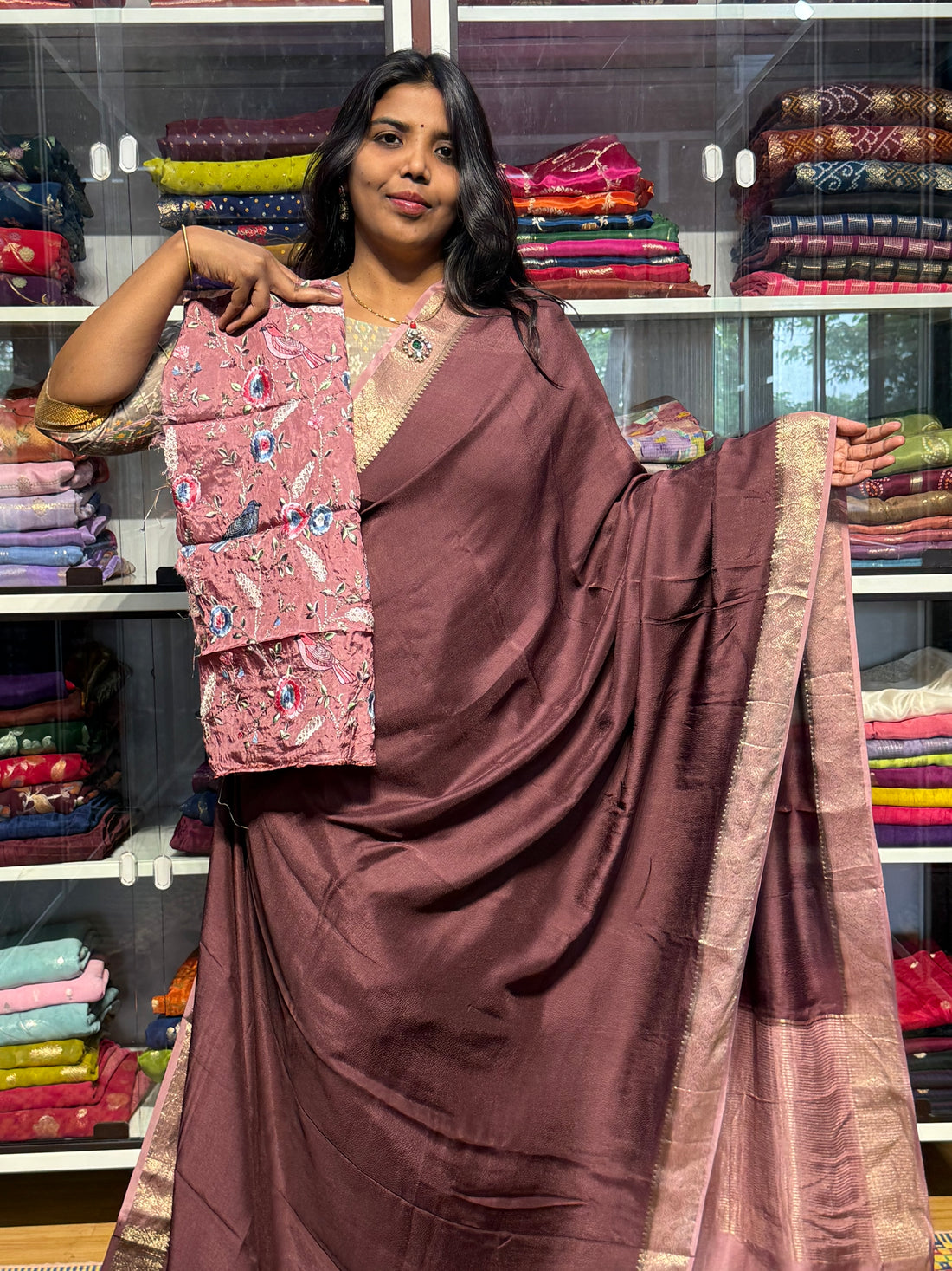 MYSORE CREPE SILK WITH HEAVY EMBROIDERY BLOUSE: BROWN AND ONION PINK