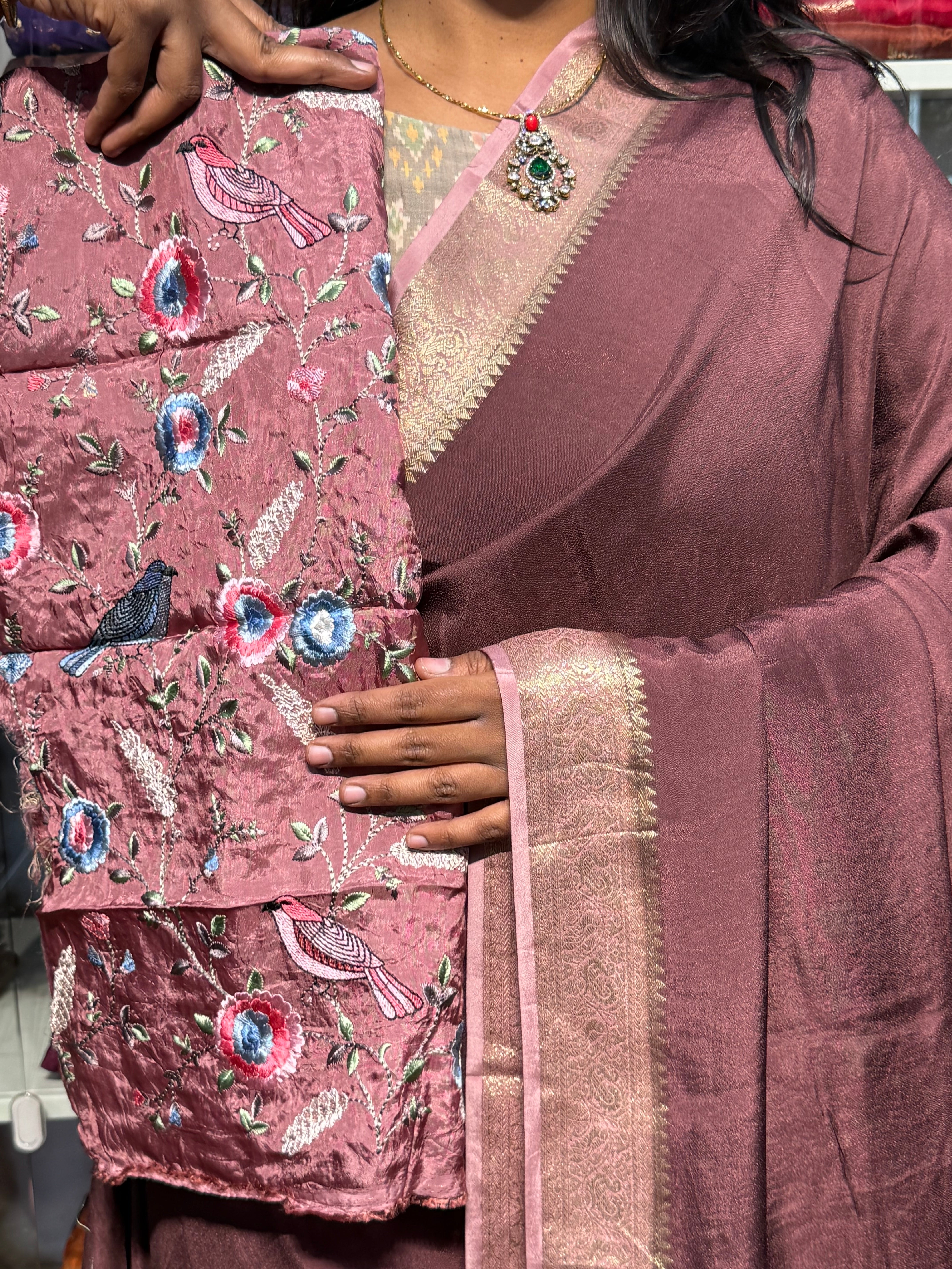 MYSORE CREPE SILK WITH HEAVY EMBROIDERY BLOUSE: BROWN AND ONION PINK
