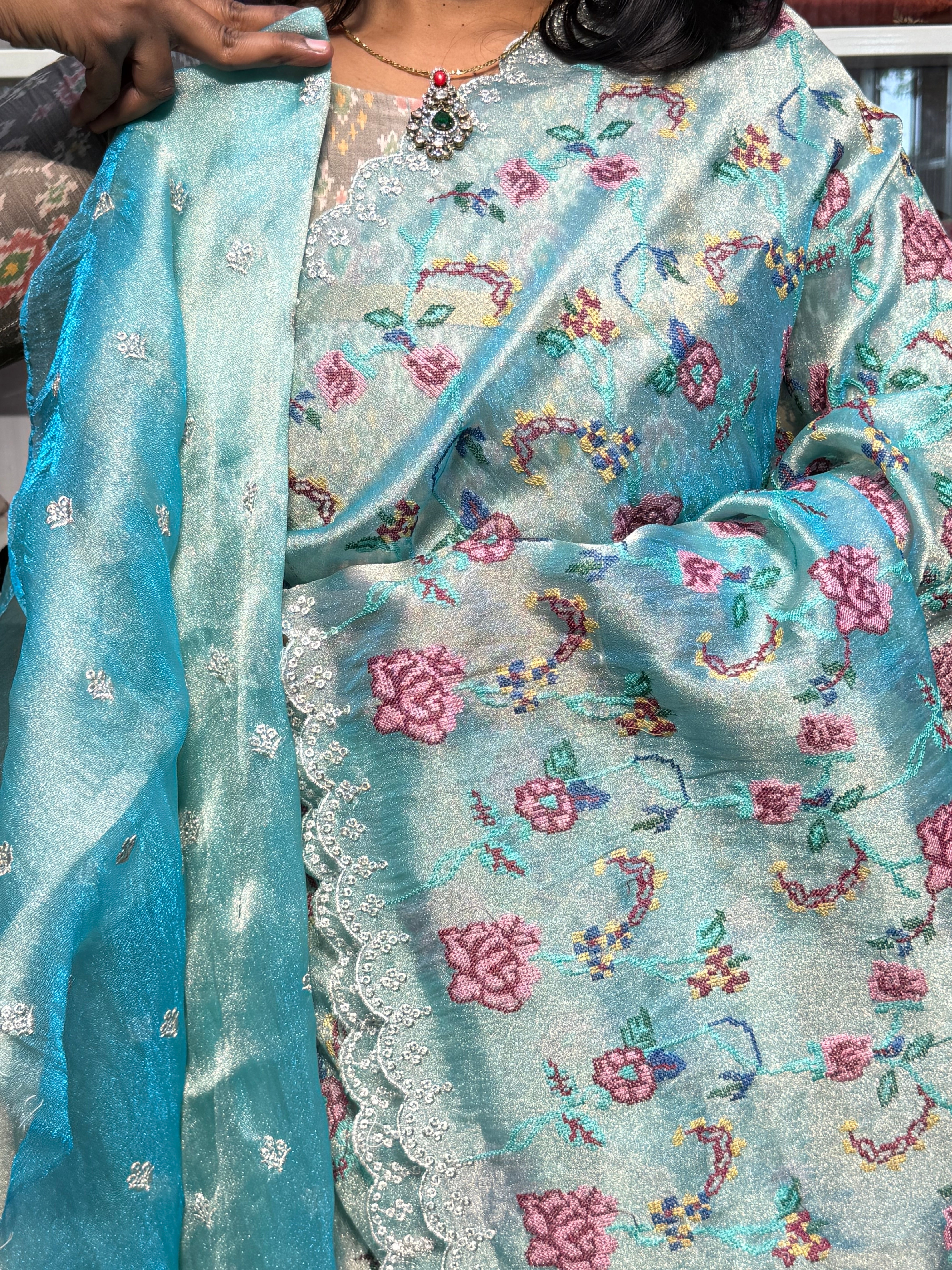 GLASS TISSUE ORGANZA WITH CROSS STITCH PETIT POINT EMBROIDERY: SEA BLUE