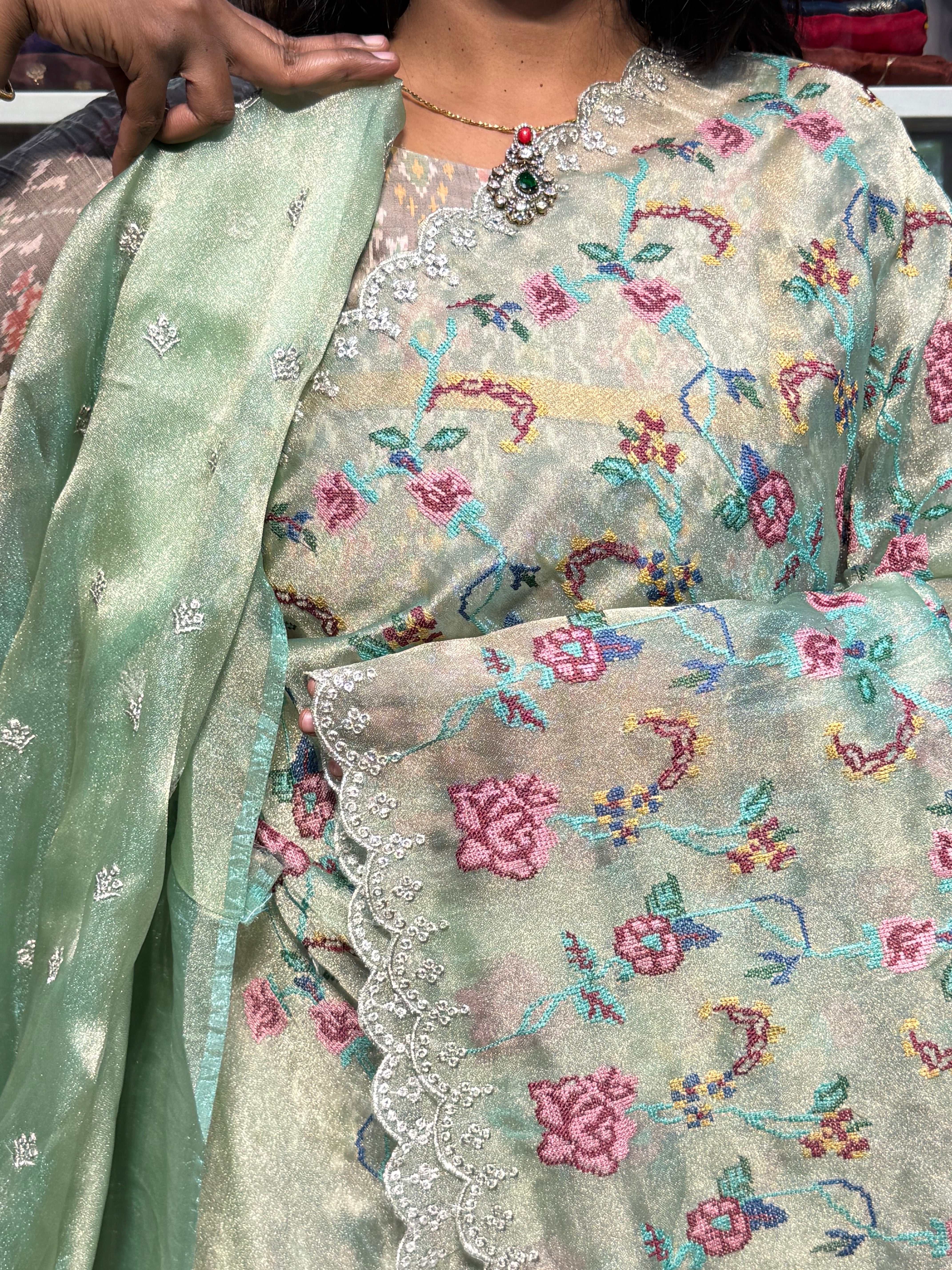 GLASS TISSUE ORGANZA WITH CROSS STITCH PETIT POINT EMBROIDERY: SEA GREEN