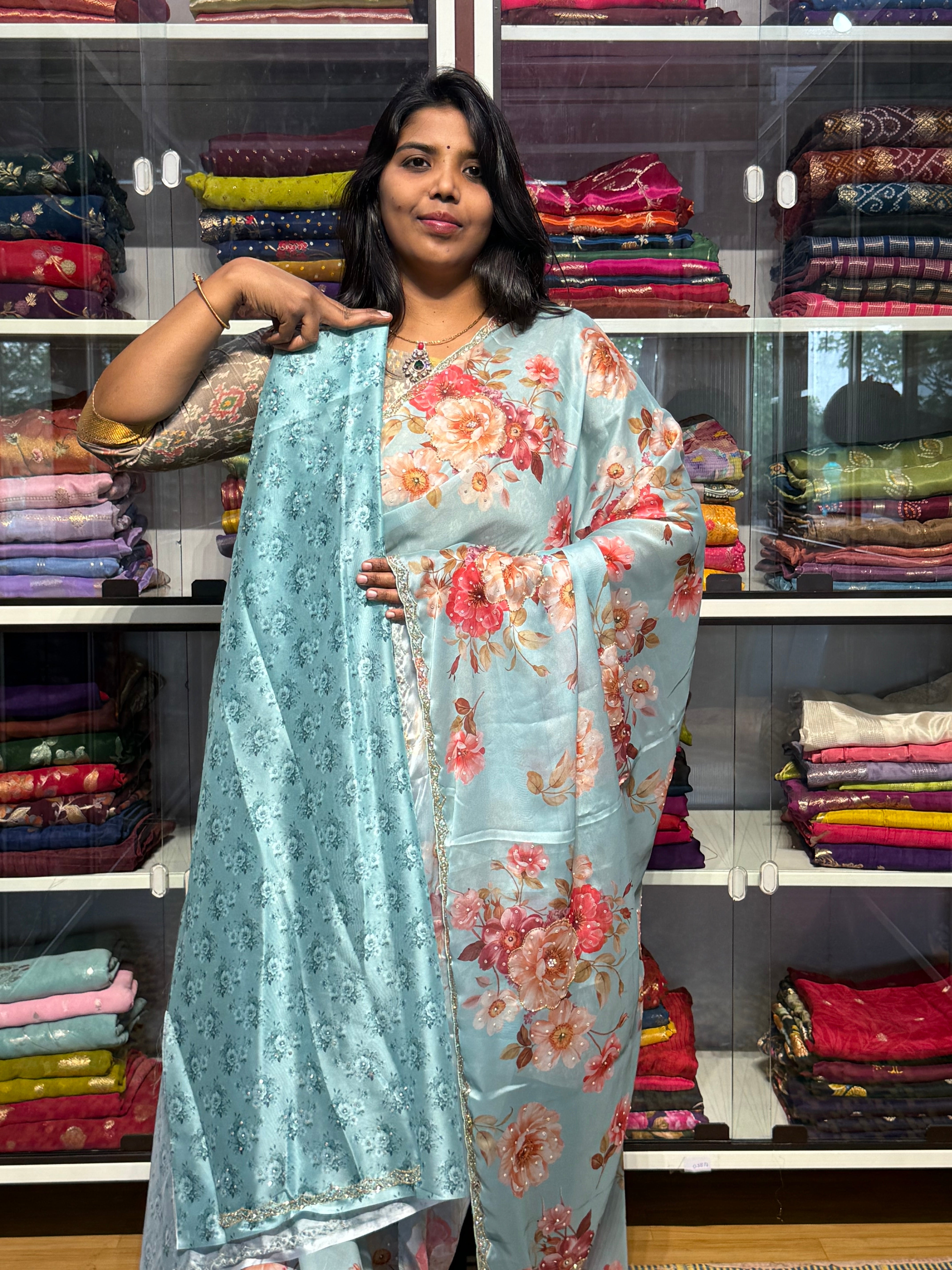 RANGOLI CREPE WITH KHARDANA HANDWORK SCALLOP BORDER: SEA BLUE