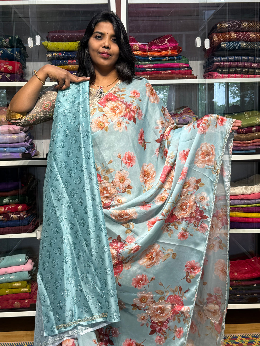 RANGOLI CREPE WITH KHARDANA HANDWORK SCALLOP BORDER: SEA BLUE