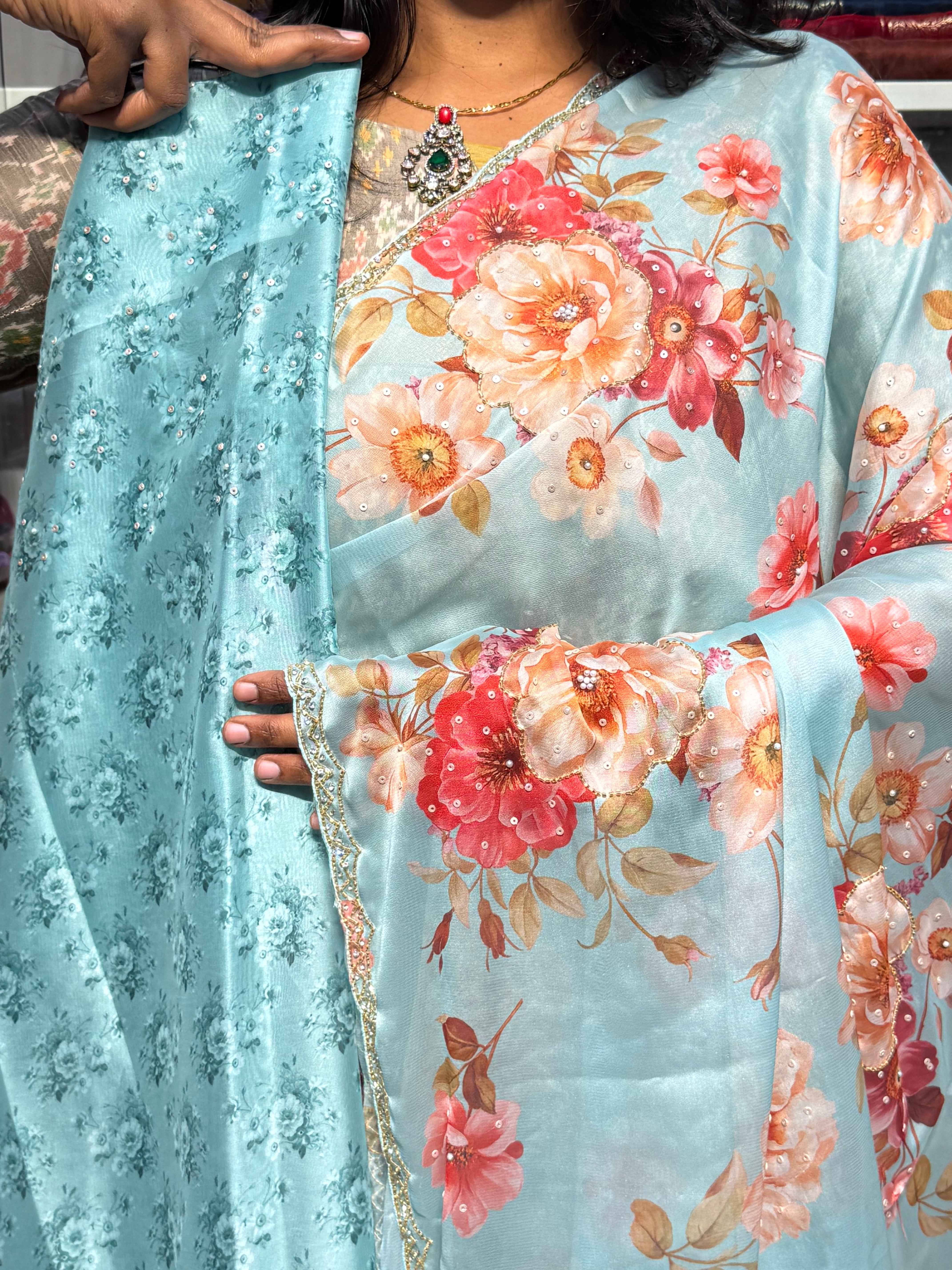 RANGOLI CREPE WITH KHARDANA HANDWORK SCALLOP BORDER: SEA BLUE