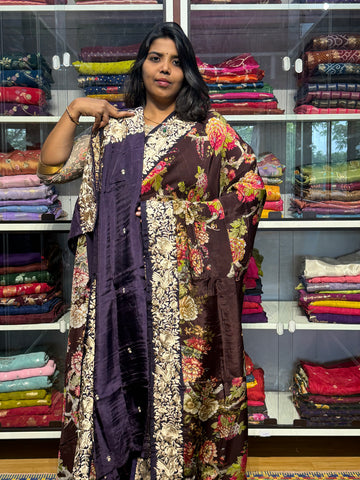 PARSI WORK EMBROIDERY ON PURE VISCOSE CREPE WITH DIGITAL PRINT: BROWN