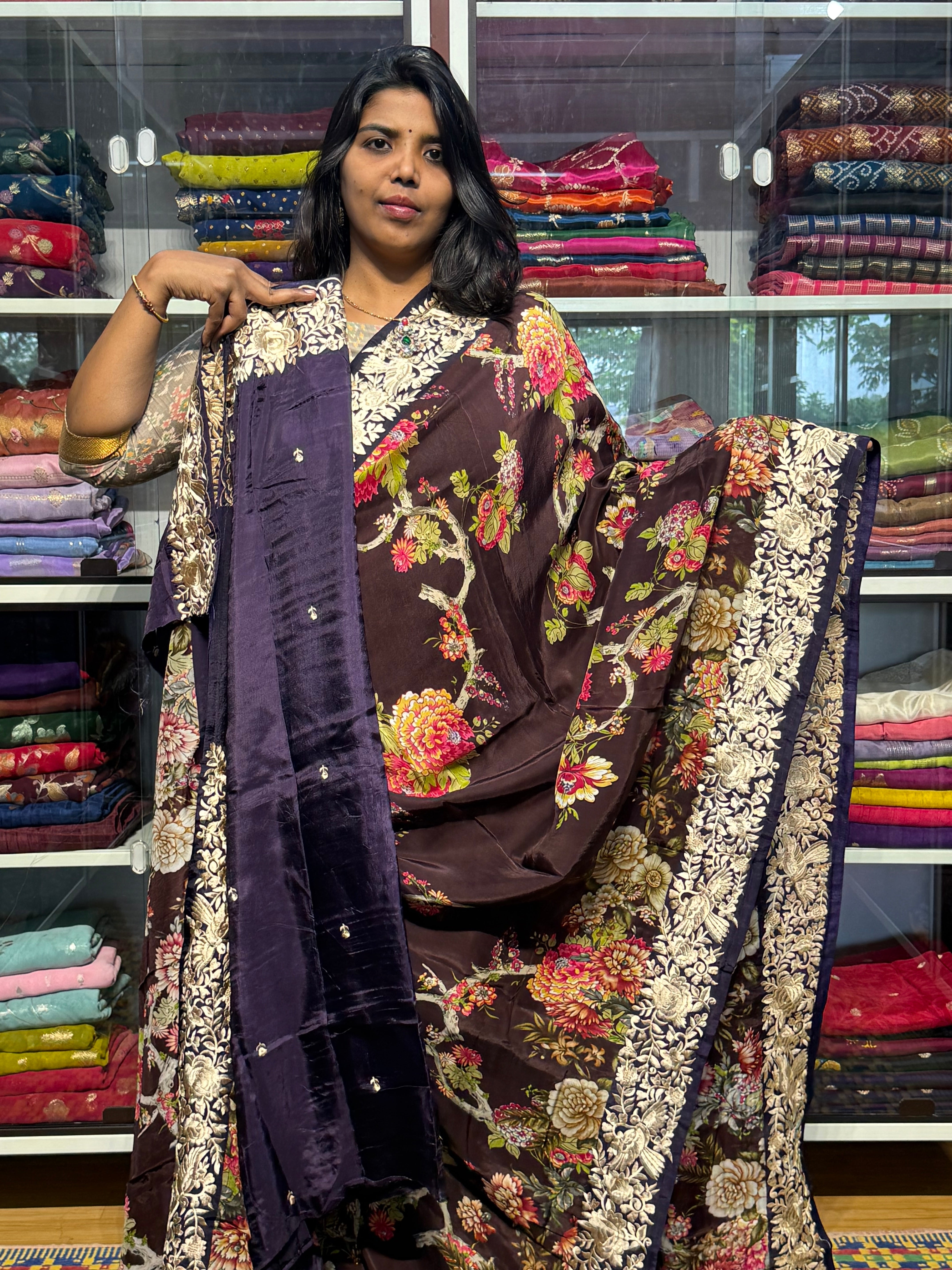 PARSI WORK EMBROIDERY ON PURE VISCOSE CREPE WITH DIGITAL PRINT: BROWN